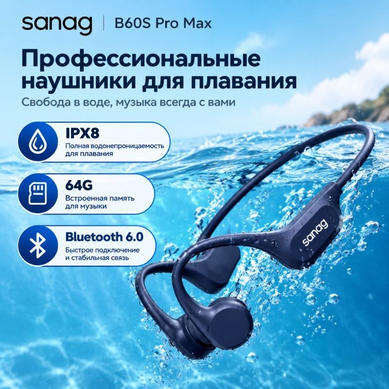 Наушники с костной проводимостью Sanag B60Pro, уличные наушники, водонепроницаемые наушники для бассейна IPX8.