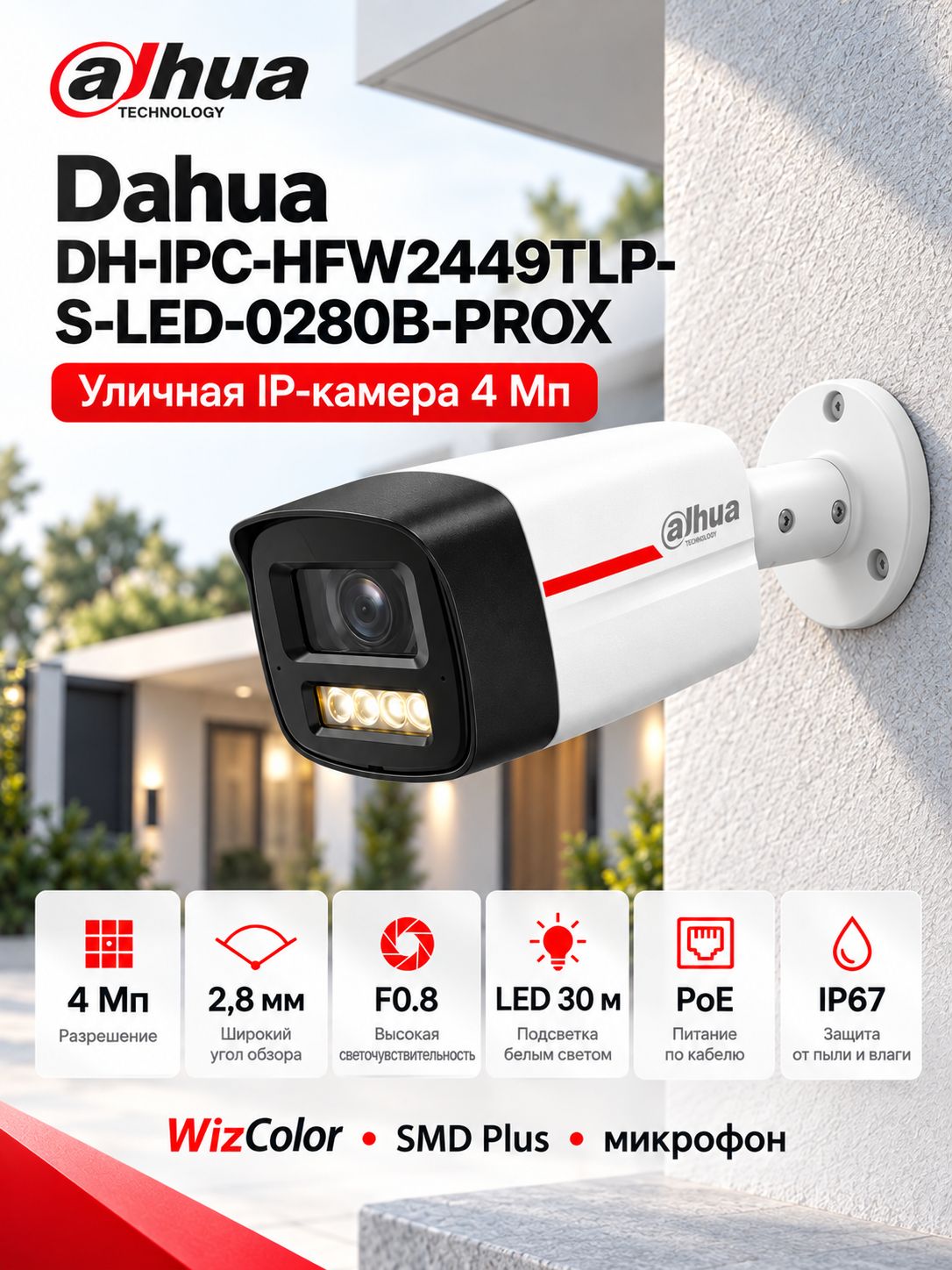 IP-камера видеонаблюдения Dahua DH-IPC-HFW2449TLP-S-LED-0280B-PROX 4Мп 2.8мм LED до 30м CMOS PoE уличная цилиндрическая микрофон