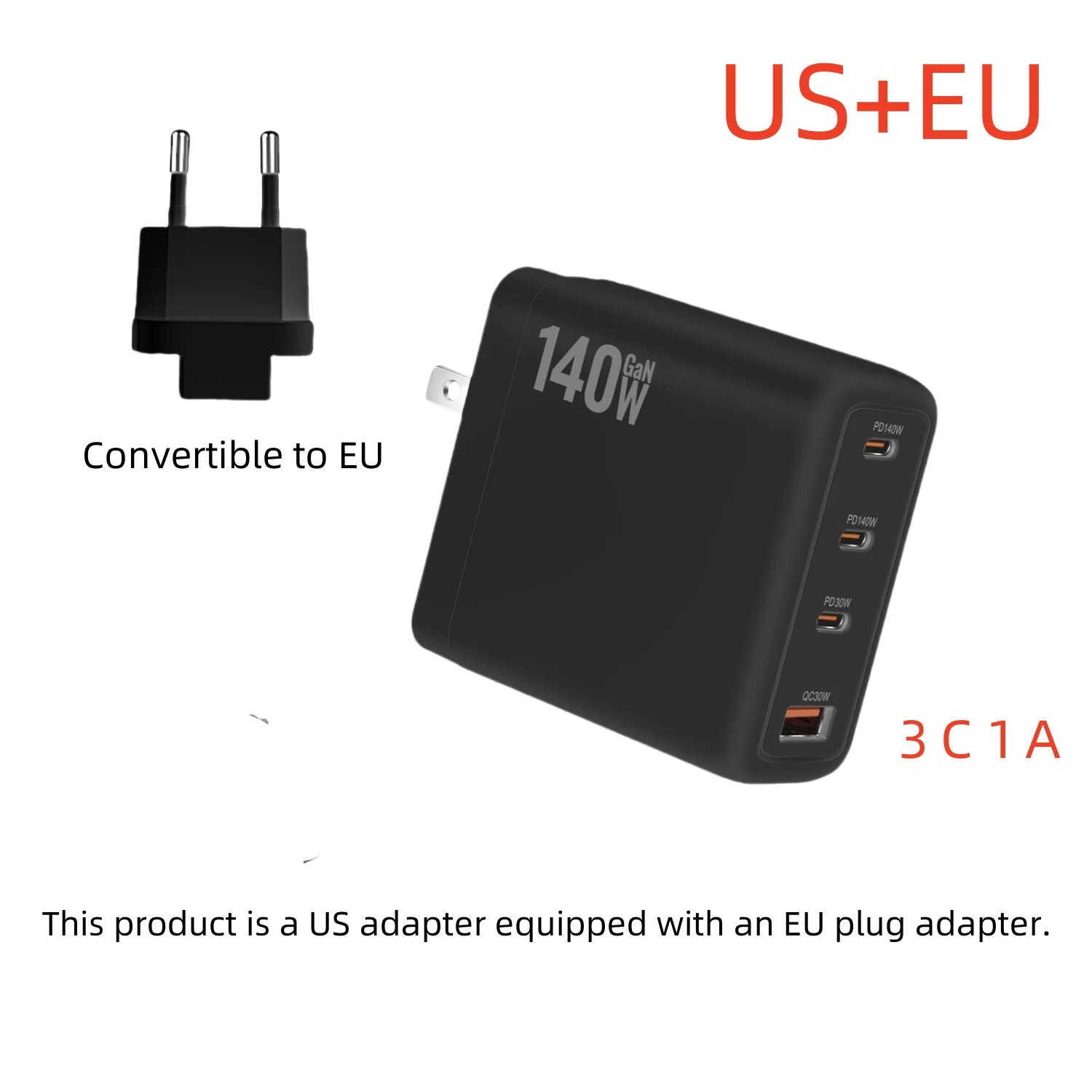Многопортовое Быстрое Зарядное Устройство GaN 140W PD3.1 3C1A Supercharge Черный, US-EU-black