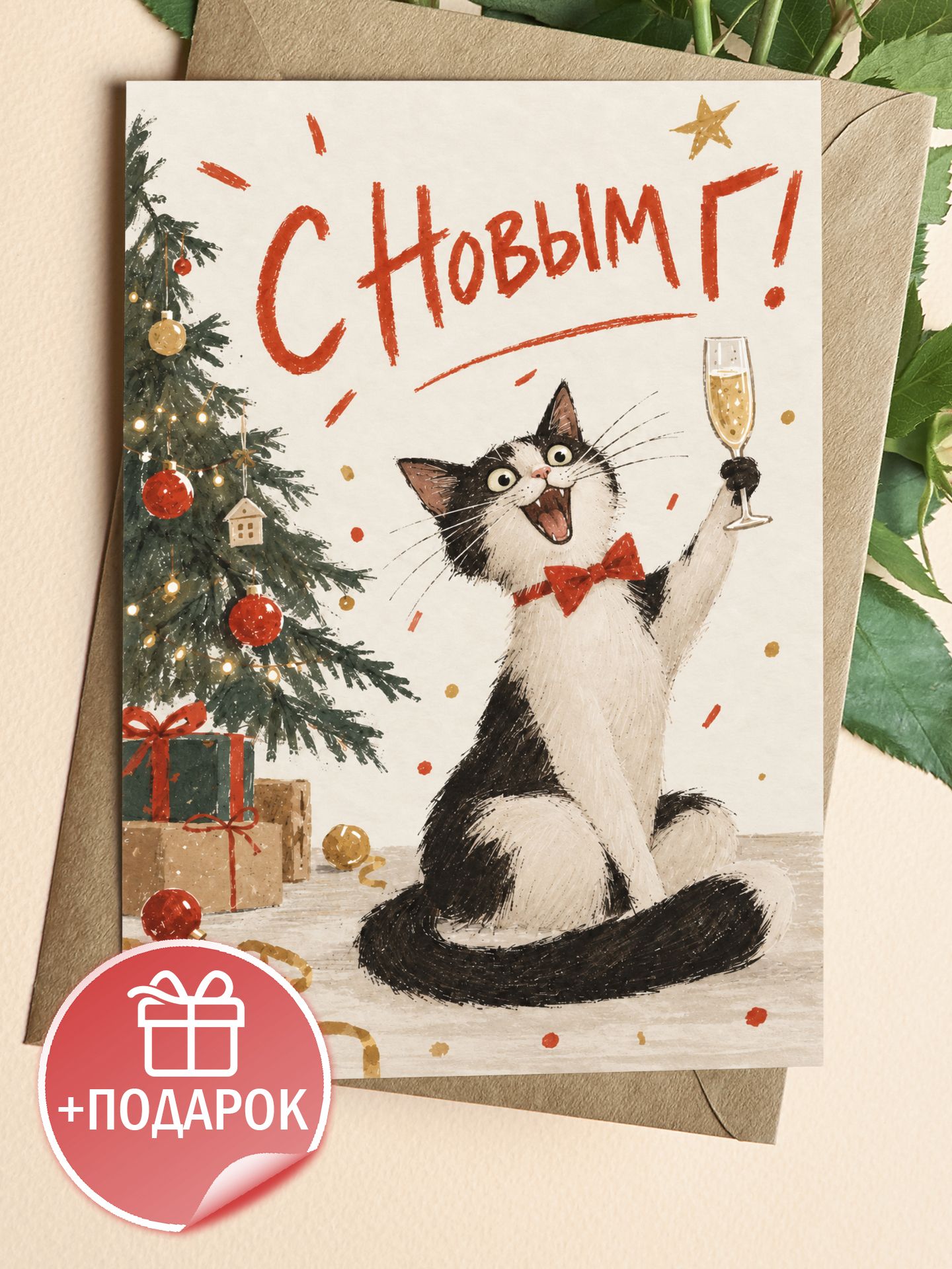 Открытка С Новым Г! с котом в подарок другу