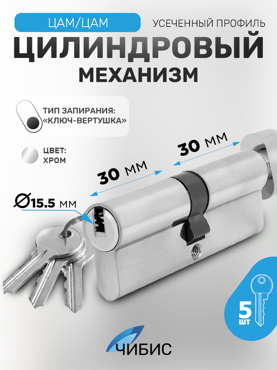 Механизм цилиндровый для замка ZZ-60S-C-CP (хром) под серию 50 ключ-вертушка