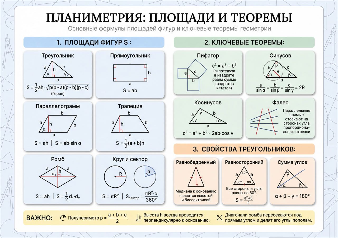 Плакат "Планиметрия: Площади и теоремы" - А1 - вертикальная