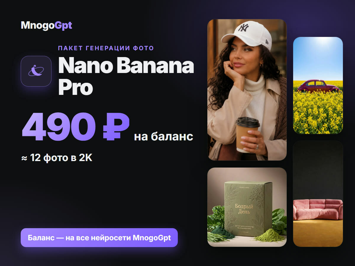 Нейросеть для фото Nano Banana Pro — без подписки, баланс 490 ₽ в кабинете MnogoGpt, ≈12 фото в 2K