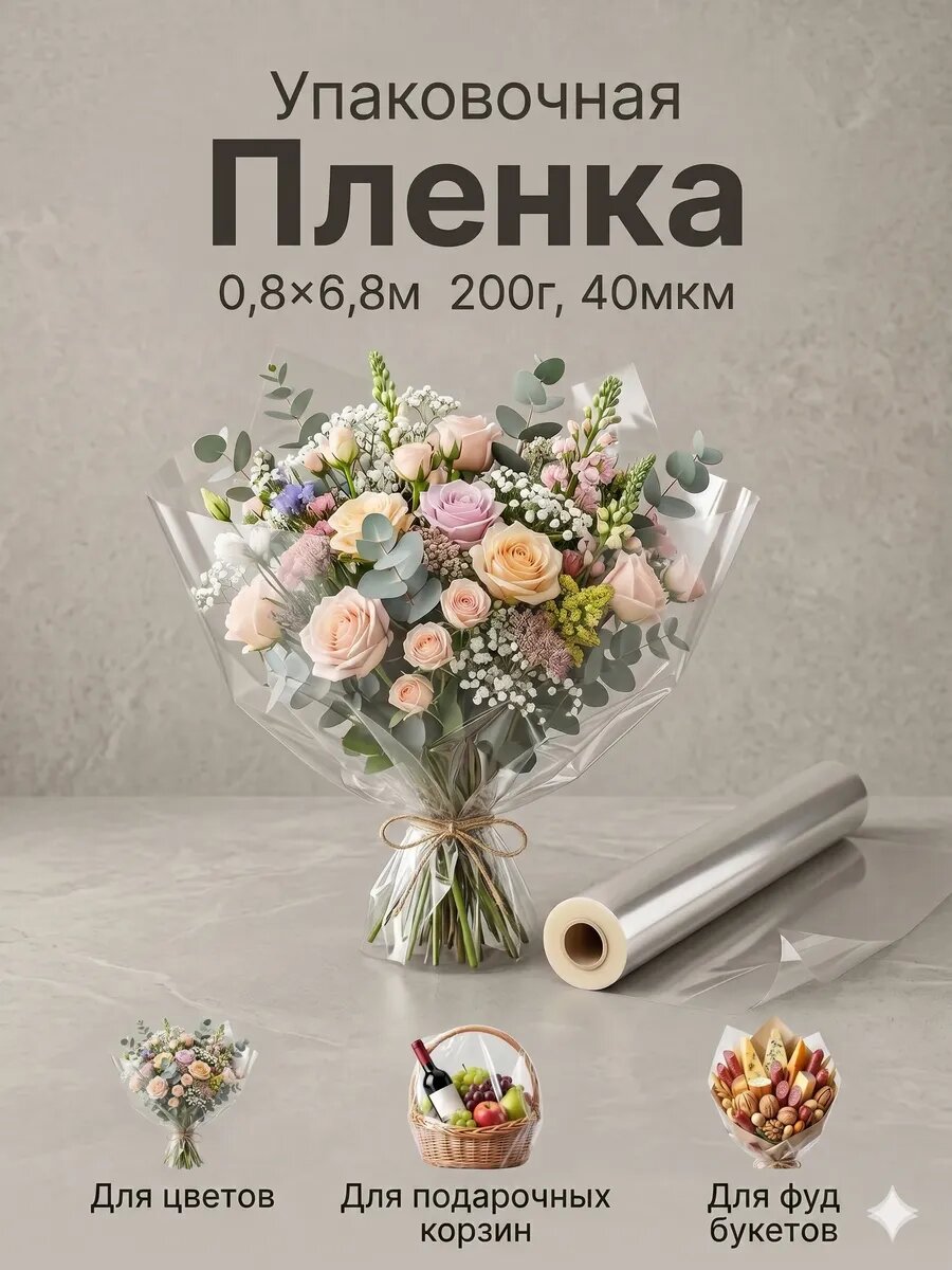 Упаковочная плёнка для цветов прозрачная 0,8 х 6,8 м, 200 г, 40 мкм