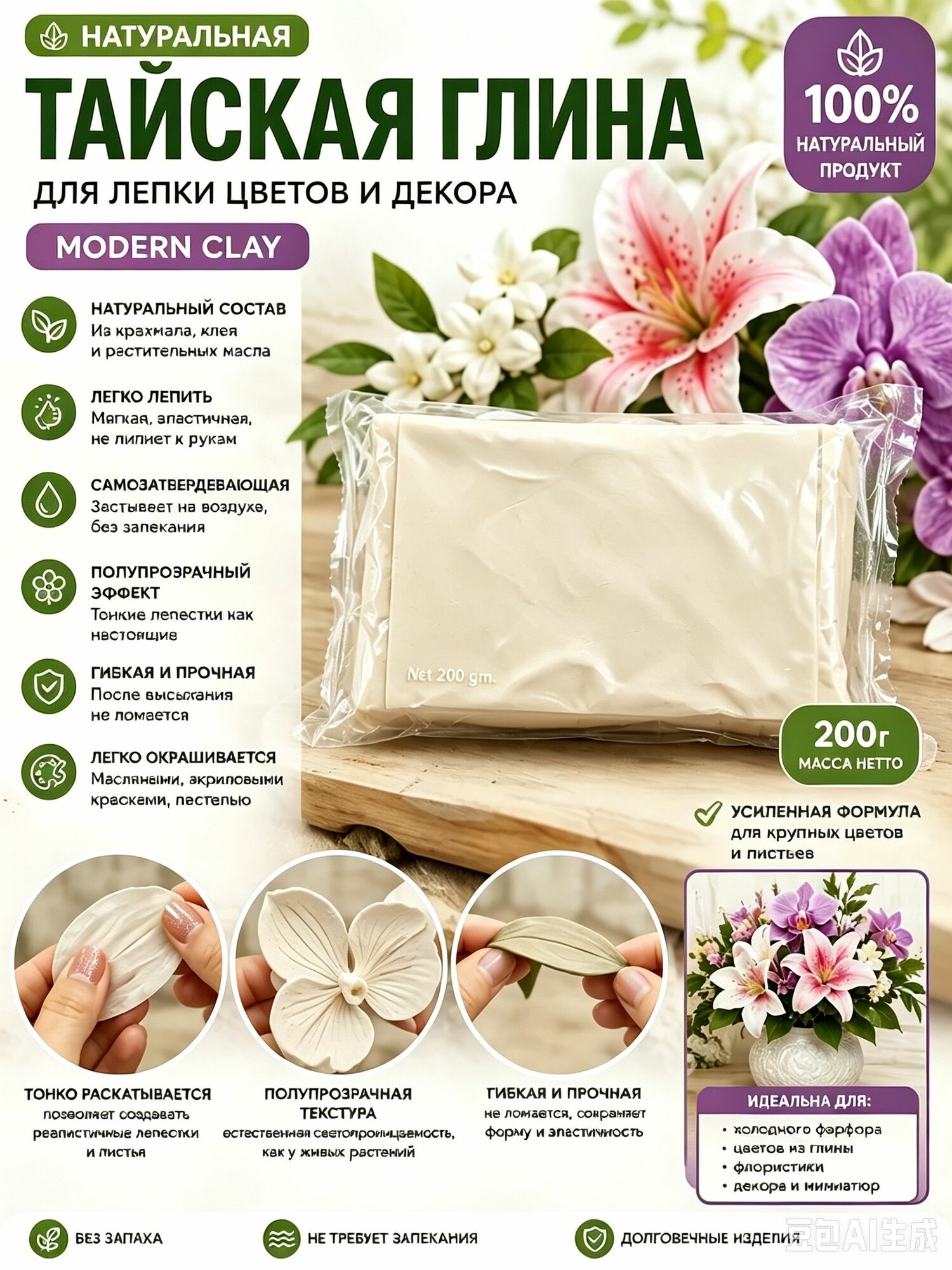 Флористическая глина , Холодный фарфор MODERN CLAY , полимерная глина для керамической флористики - 1 шт ( зелёная этикетка )