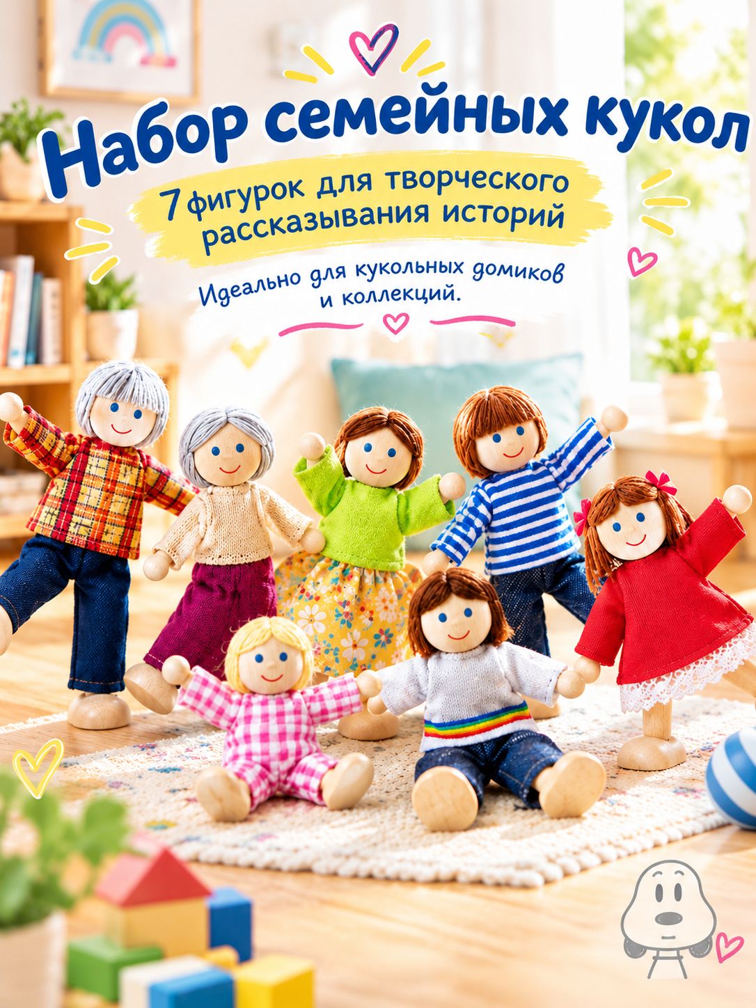 Набор из 7 деревянных кукол для кукольного домика, идеально подходящий для всей семьи. Эти подвижные деревянные куклы развивающие и забавные игрушки и отличные подарки для детей.