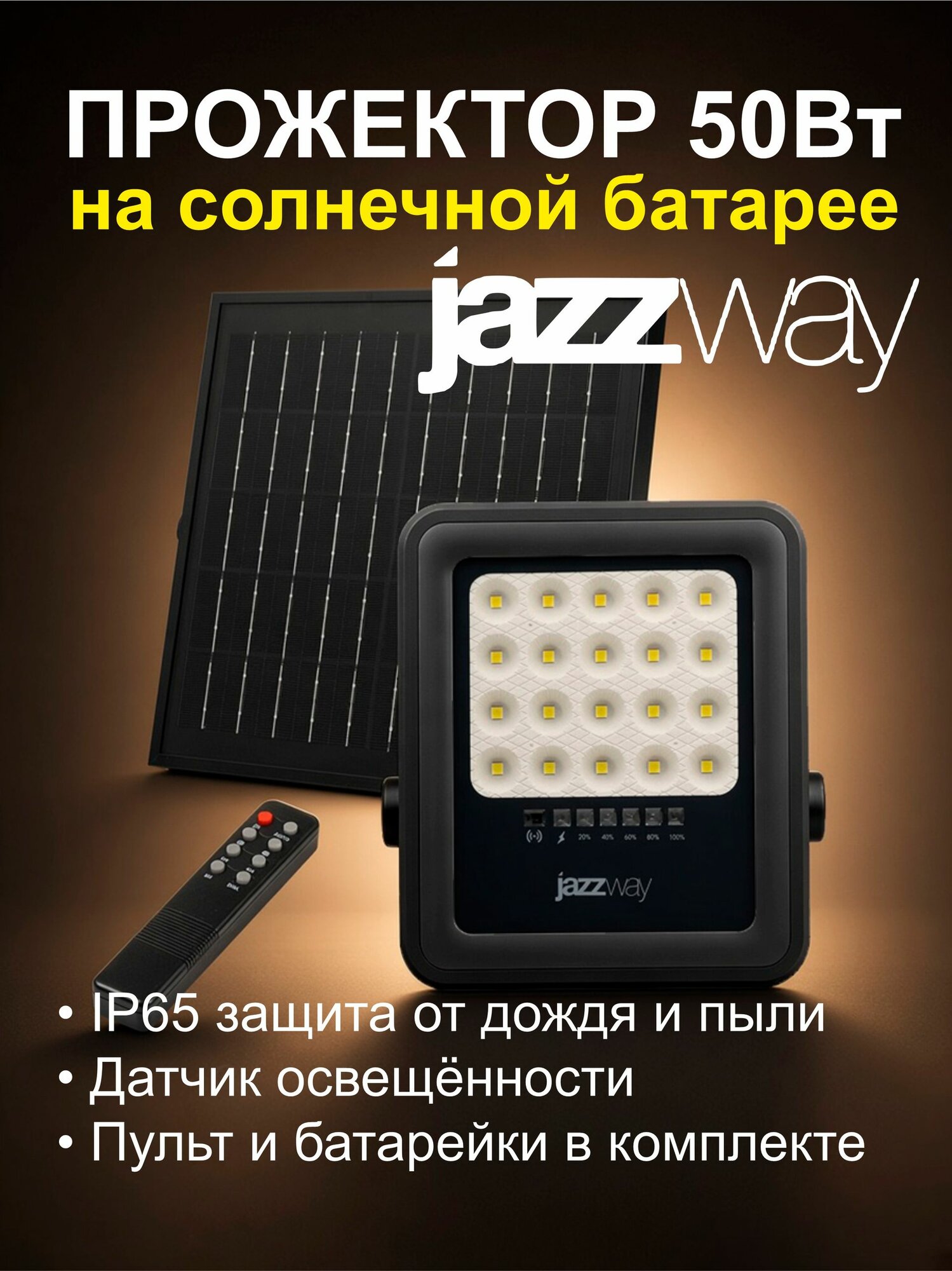 Прожектор светодиодный PFL SOLAR 02 50 6500К GR IP65 до с солнечн. панелью и пультом Pro+ JazzWay 5058460