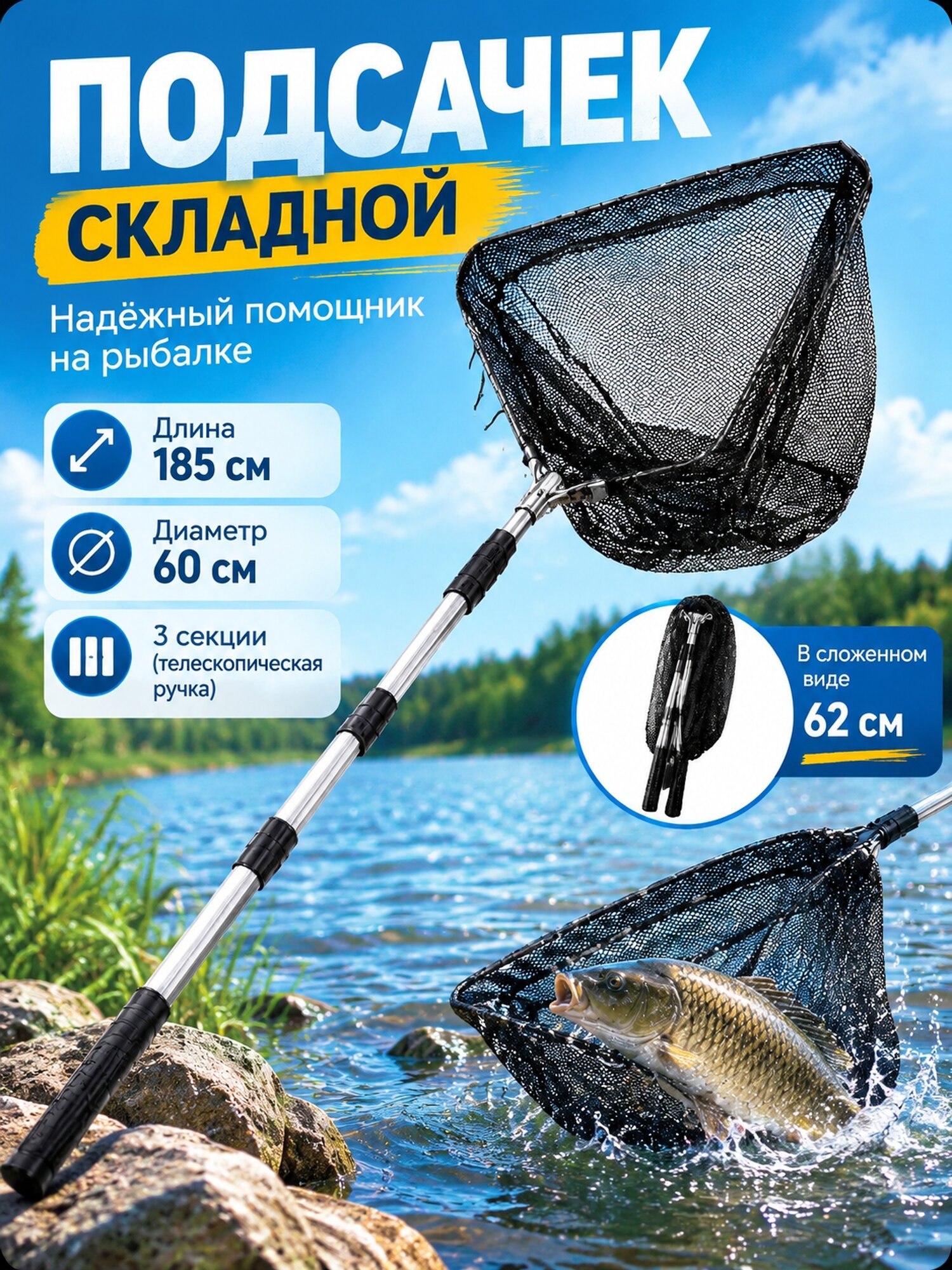 Складной подсачек с телескопической ручкой, длина 185 см, диаметр 60 см
