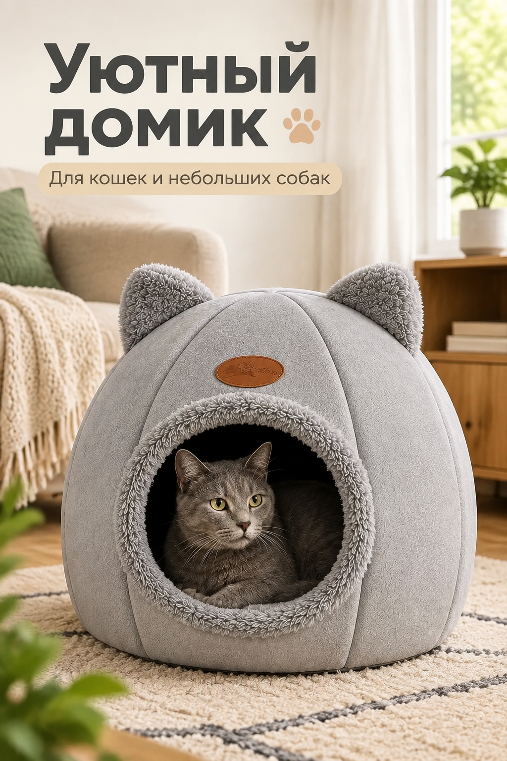Тканевый домик для кошек и собак 36×36×36 см, светло-серый