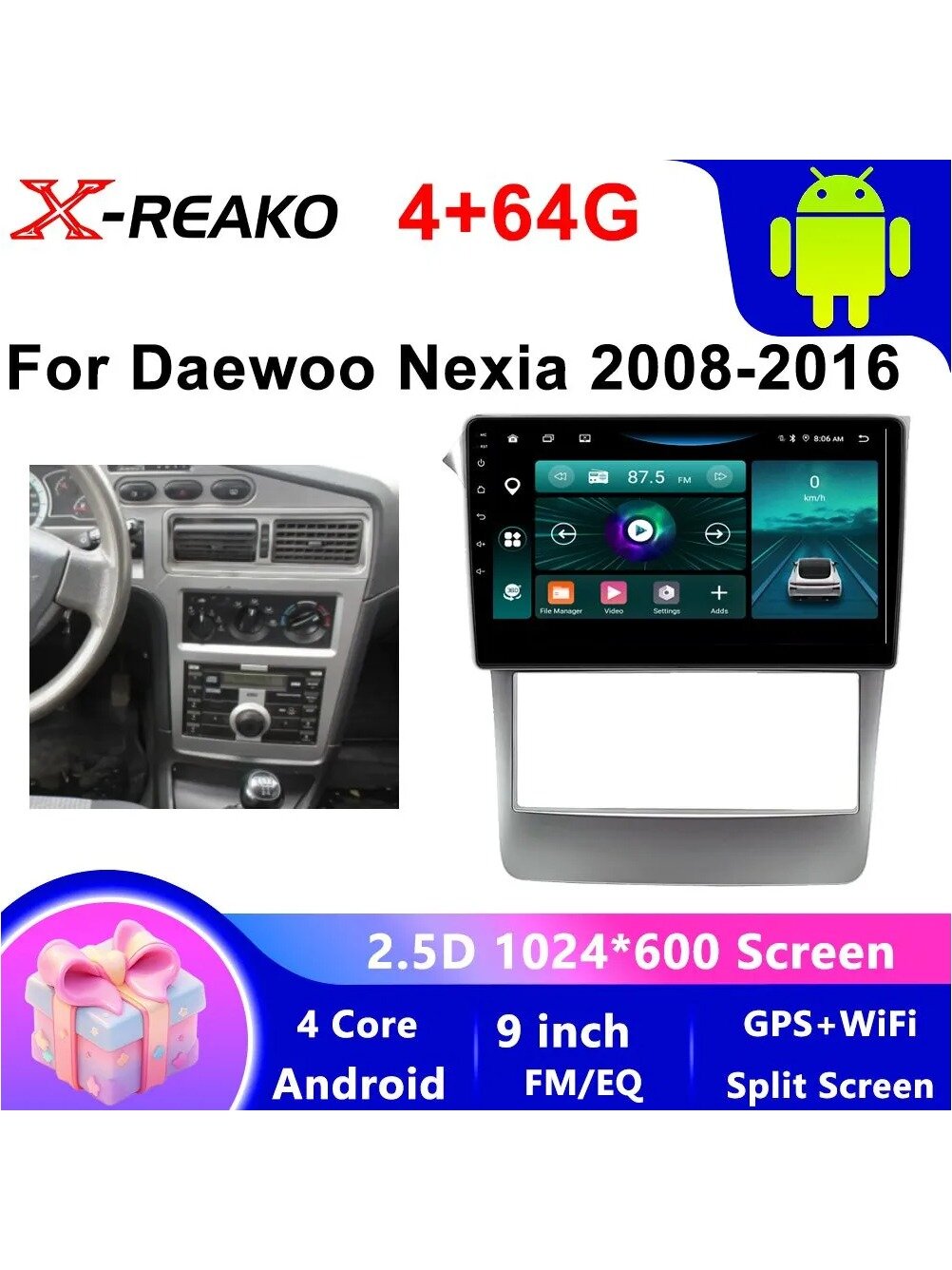 Автомагнитола X-REAKO 2 DIN 9" для Daewoo Nexia, 4/64 ГБ, Android