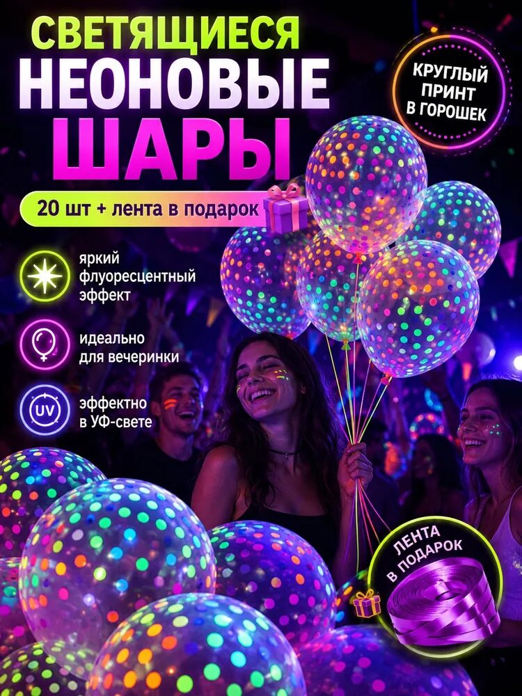 Светящиеся латексные шары в горошек 20 шт, 30 см, неоновые воздушные шары для вечеринки, дня рождения и фотозоны, лента в подарок