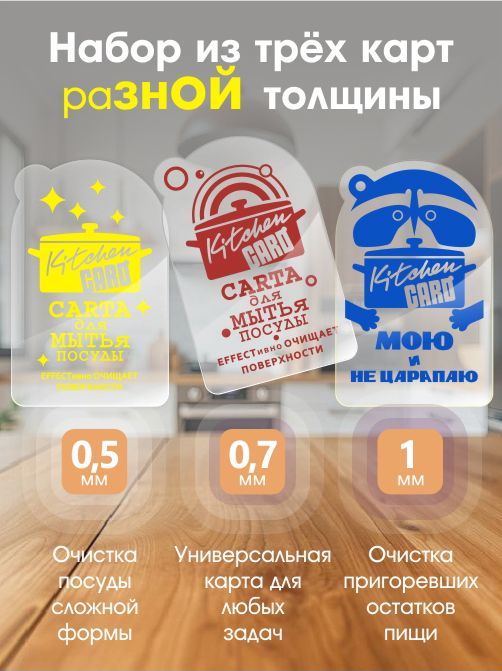 Набор Kitchen CARD. 3 шт. Карта для мытья посуды и уборки на кухне. 3 штуки