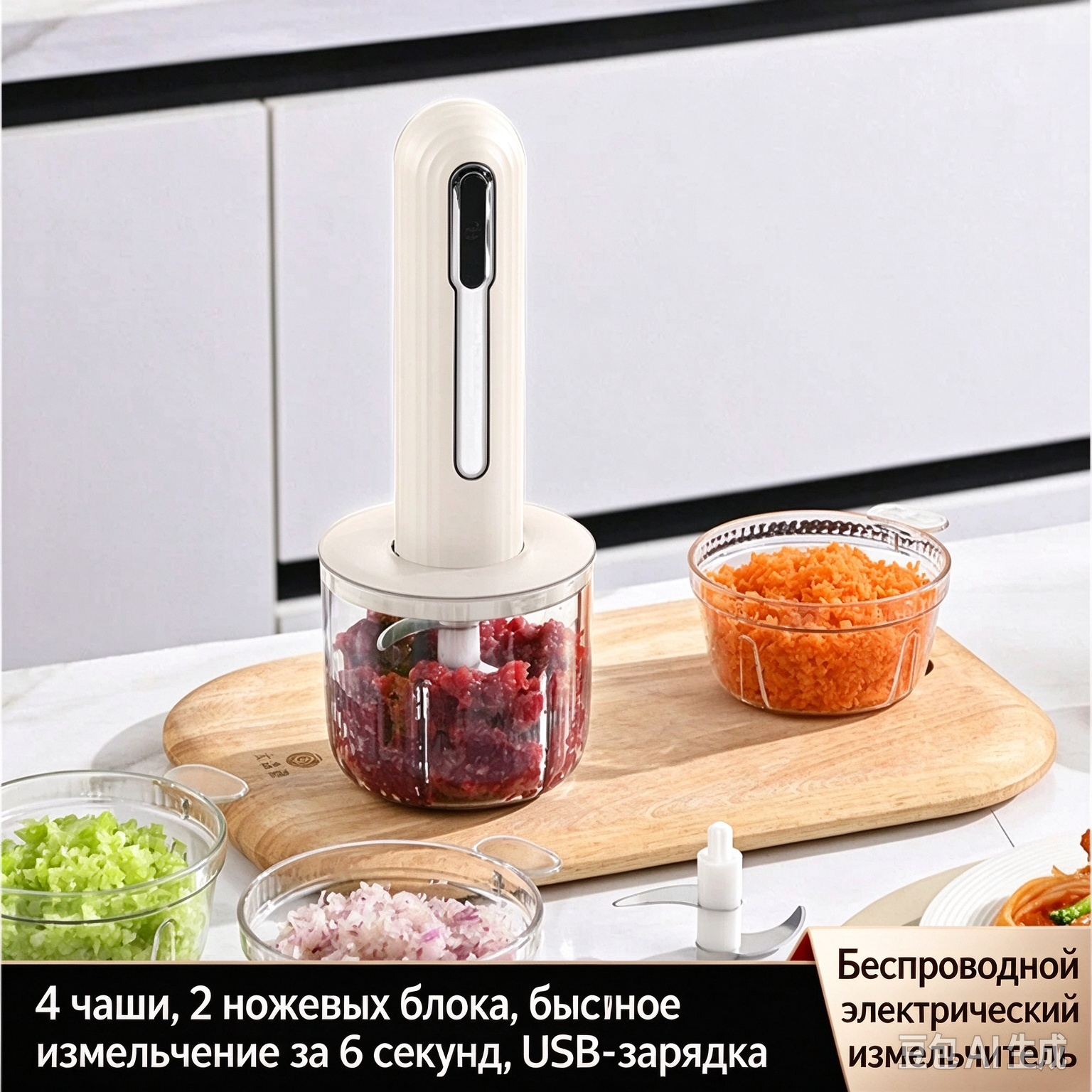 Беспроводной кухонный чоппер‑измельчитель, комплект 4 чаши, 2 ножевых блока, USB‑зарядка, мини‑блендер для мяса, чеснока, овощей, детского пюре, начинки для пельменей пельменей пельменей