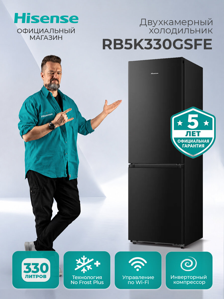 Холодильник двухкамерный Hisense RB5K330GSFE, 330 л, NoFrost Plus, управление по Wi-Fi, инверторный компрессор, черный