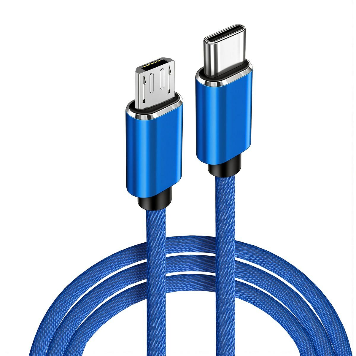 Кабель длиной 1 метр чёрный Type C на Micro USB 2.4А плетеный тканевый быстрая передача данных совместимость устройствами, Type-C на Micro USB 2.4А плетеный тканевый синий 1 метр