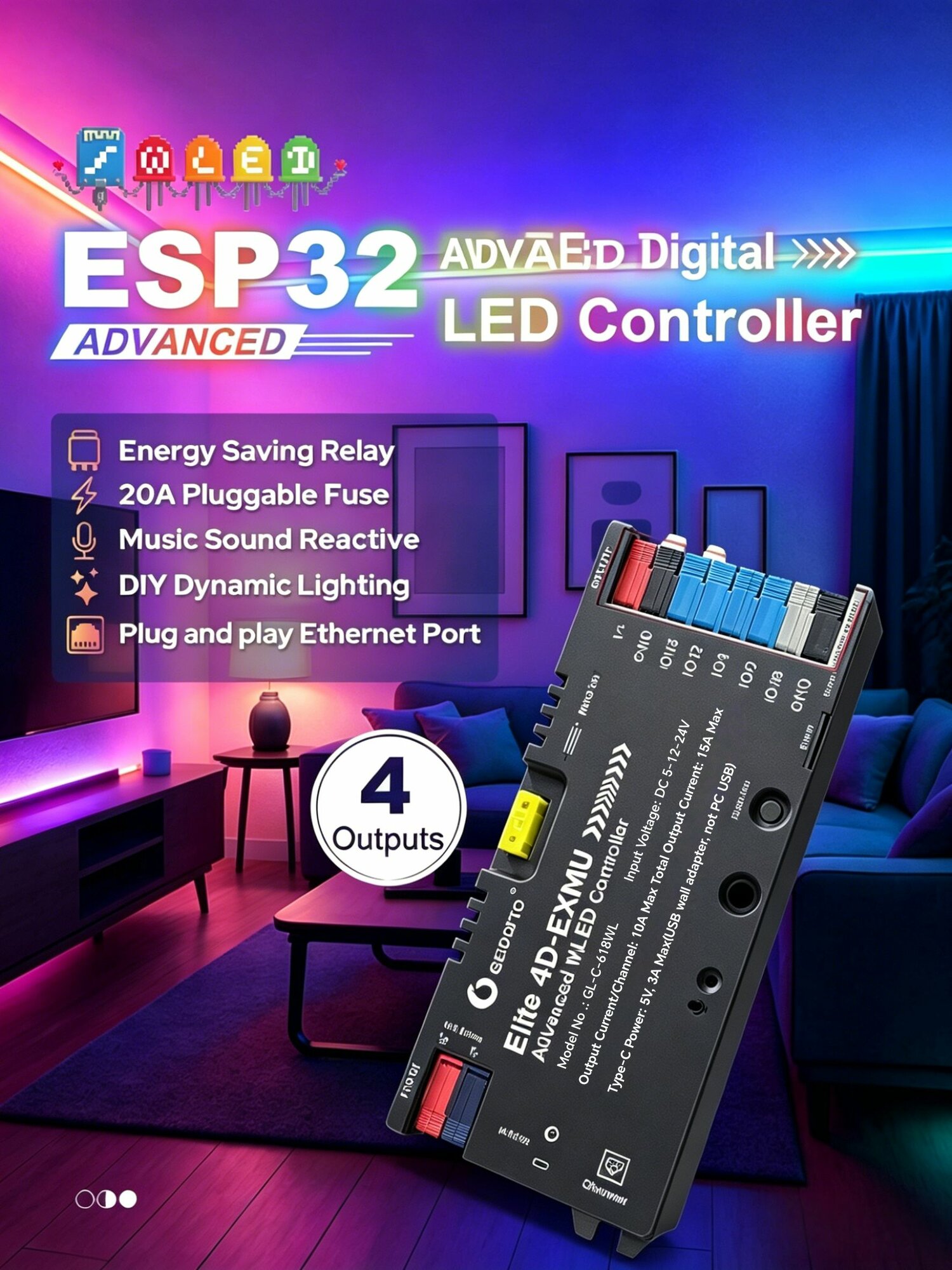 Контроллер светодиодных лент GLEDOPTO Elite ESP32 WLED, 4 выхода, Ethernet, микрофон, UART, энергосберегающее реле 15А