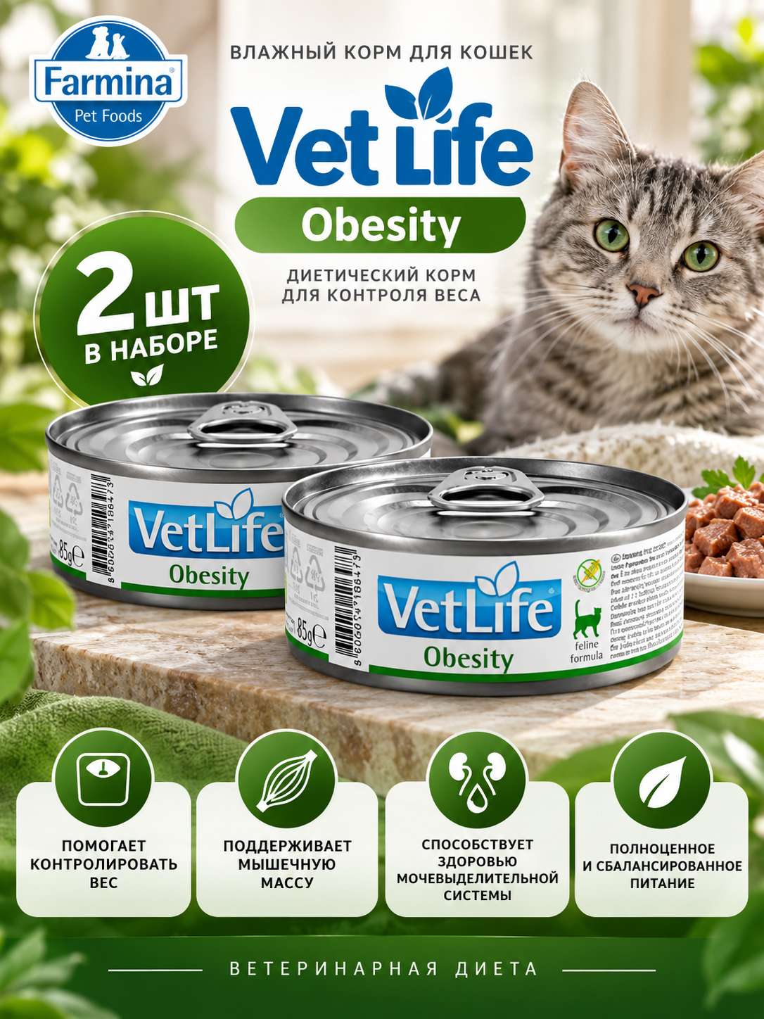 Влажный корм для кошек Farmina Vet Life Obesity, при ожирении, 2 шт х 85 гр