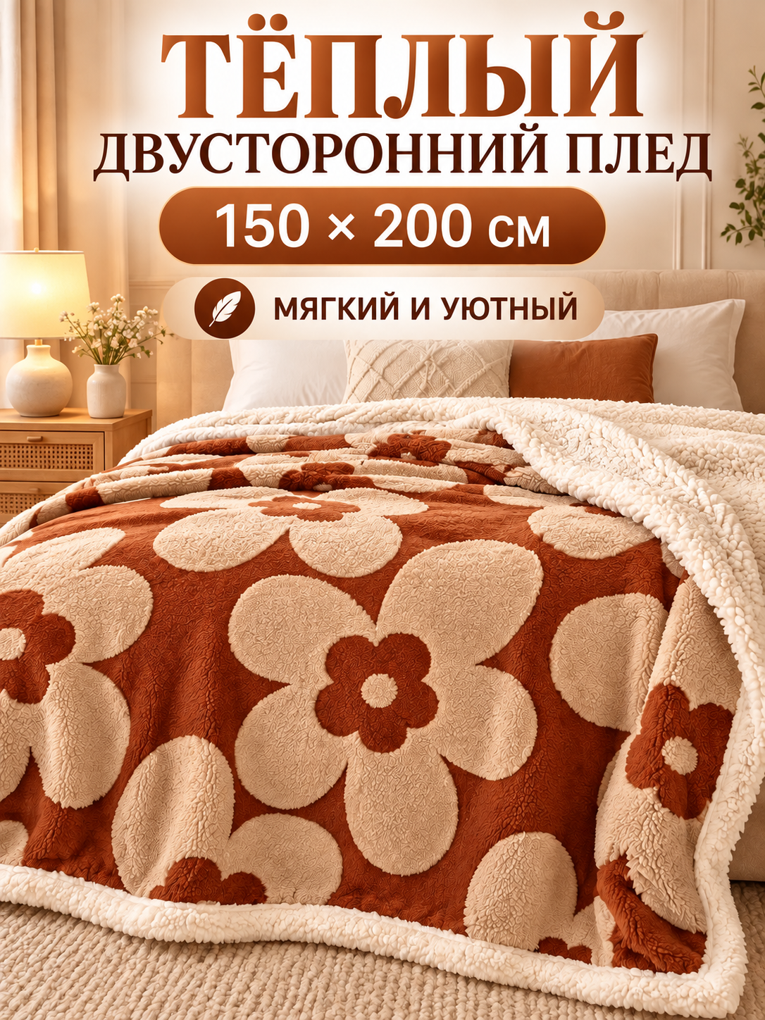 Плед двусторонний, карамельно-коричневый с цветочным принтом, плотный, для дивана, покрывало на кровать, 150 x 200 см