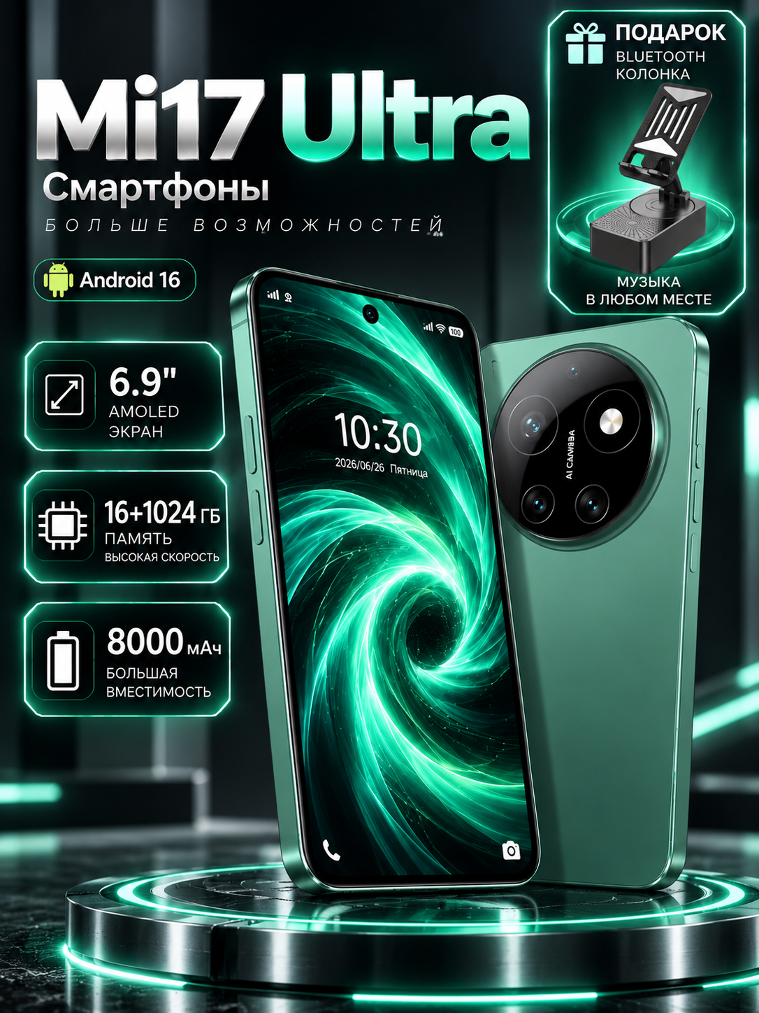 Смартфон андроид, 16+1024 ГБ, 6,9 дюйм, 8000 мАч, Android 16, поддержка разблокировки по лицу и отпечатку пальца.