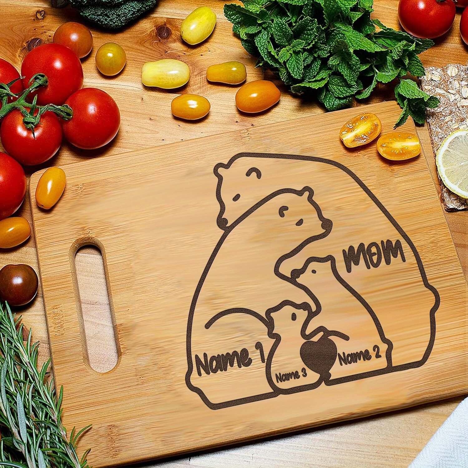 Разделочная доска из бамбука с ручкой, прямоугольная, 1 шт, с текстовой надписью и рисунком медведя, для сыра