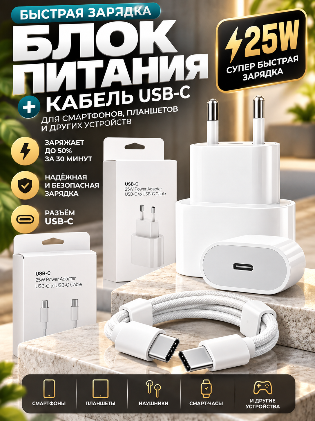 Зарядное устройство, для iPhone 15-18, iPad, блок и кабель Type-C Type-C, быстрая зарядка 25W
