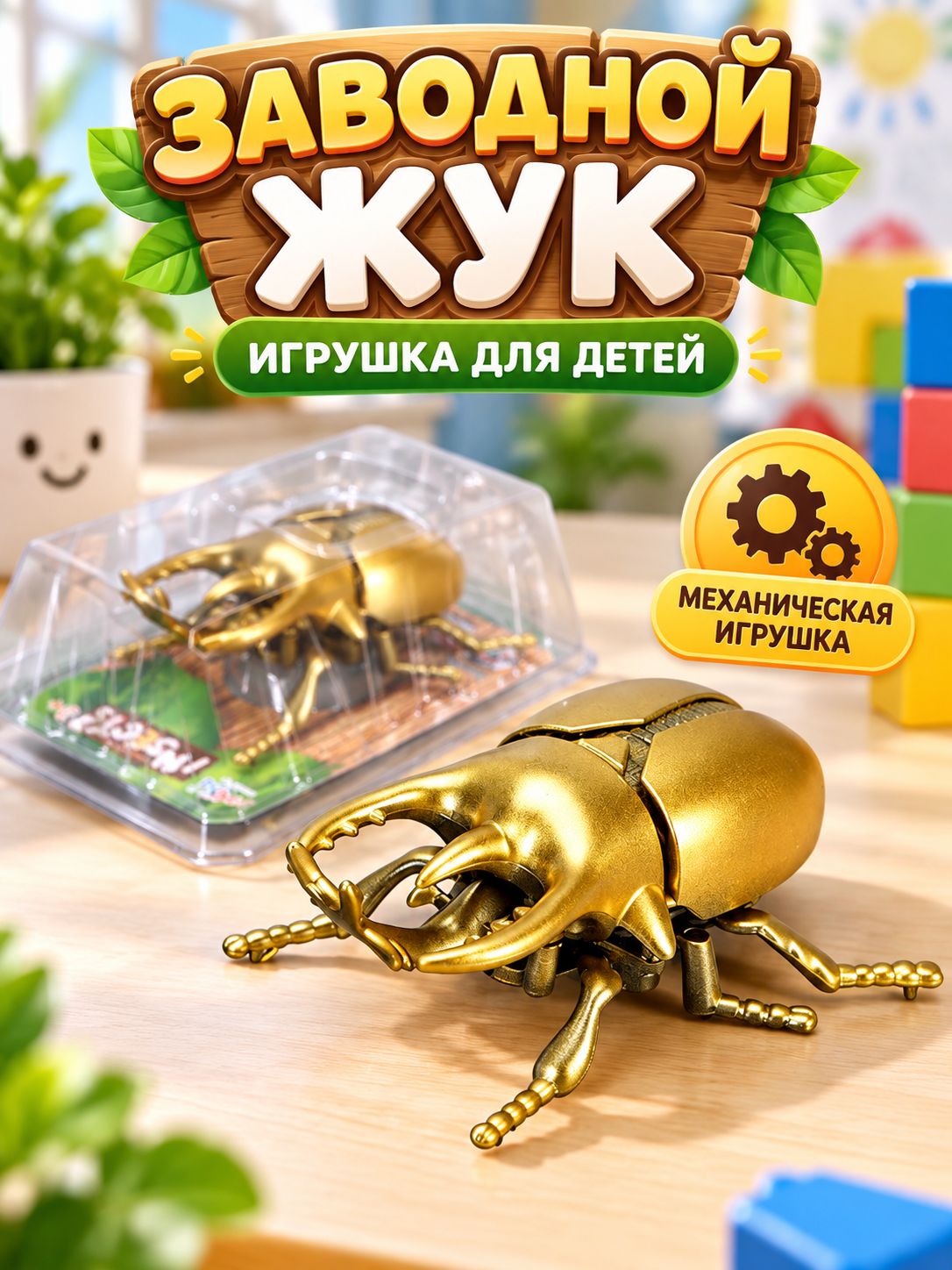 Заводной жук игрушка для детей 4-6 лет, механическая игрушка без батареек, движется вперёд, подвижные лапки и усики