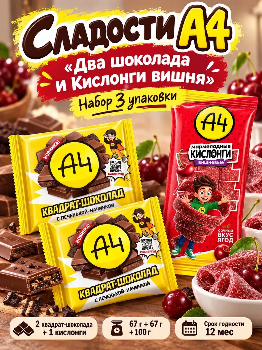 Набор сладостей А4 Два шоколада и Кислонги вишня, 3 шт: Квадрат-шоколад ×2, Кислонги вишня, шоколад с печеньем и кислый мармелад Влад А4, сладкий подарок