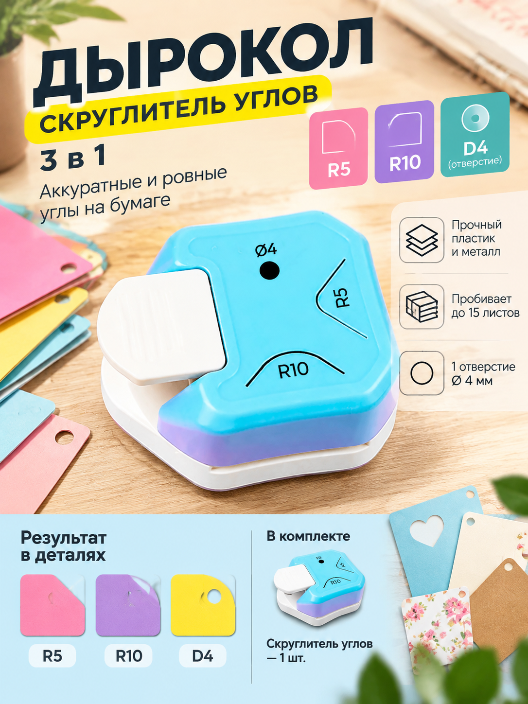 Фигурный дырокол-скруглитель углов 3 в 1 для бумаги, R5, R10, отверстие D4