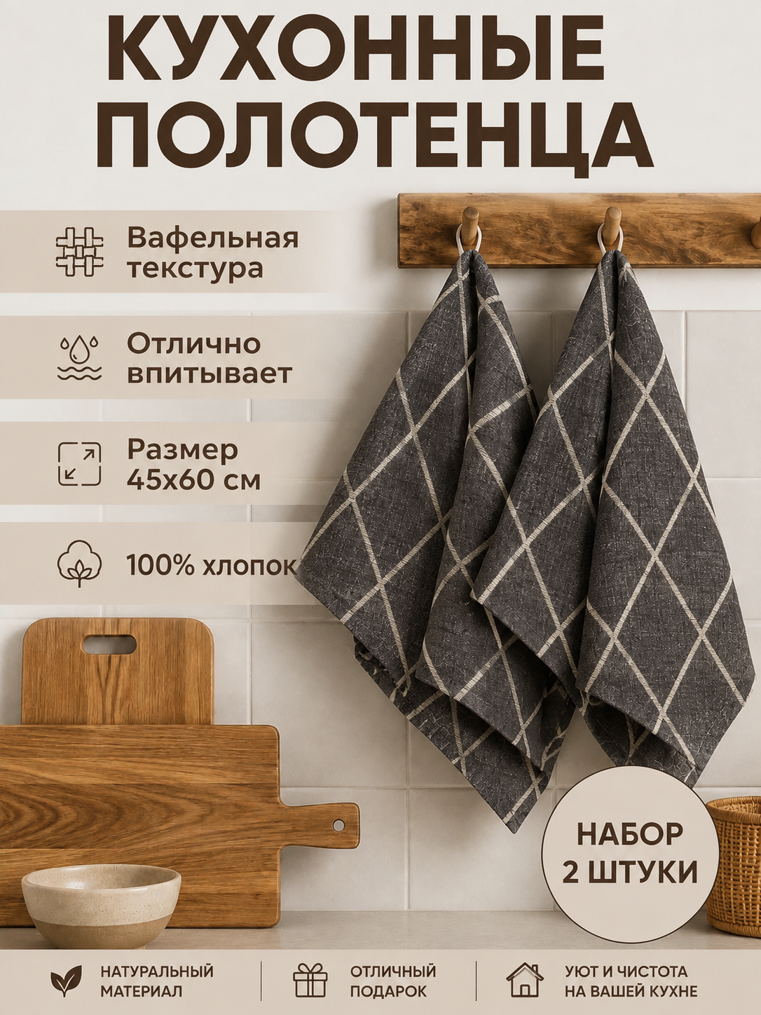 Полотенца кухонные вафельные, набор 2 шт, 45х60 см, хлопок, принт Риони