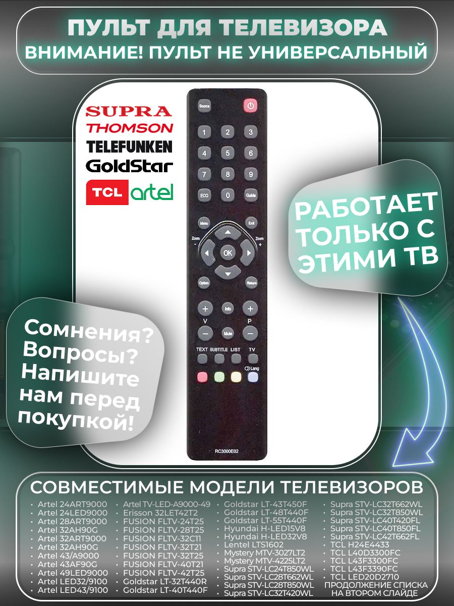 Пульт RC3000E02 для телевизора Thomson Supra Fusion Mystery Hyundai Erisson TCL Lentel Telefunken