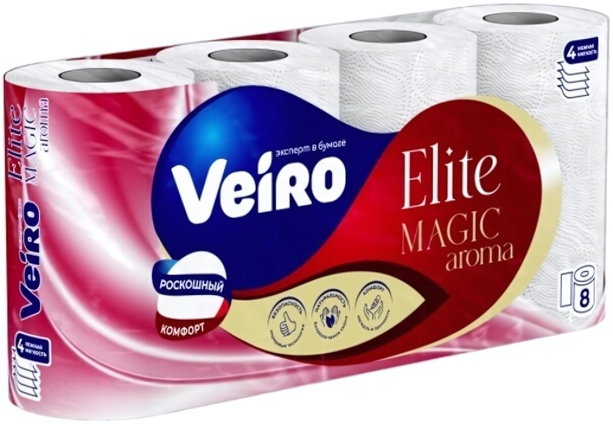 Туалетная бумага VEIRO Elite MAGIC Aroma, 4 слоя, 8 рулонов, мягкая, ароматизированная