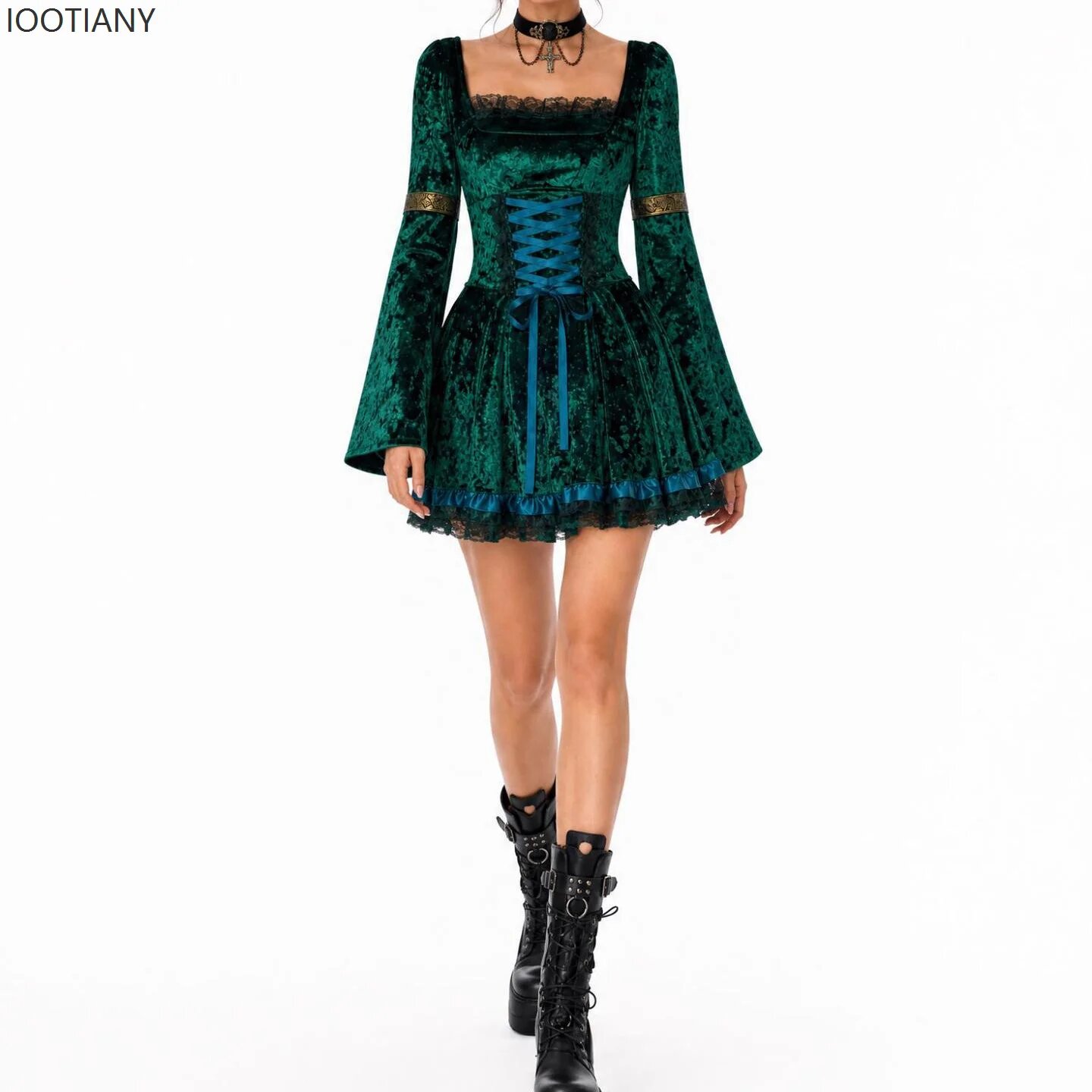 Готическое кружевное платье ведьмы Черный, S, Green dress