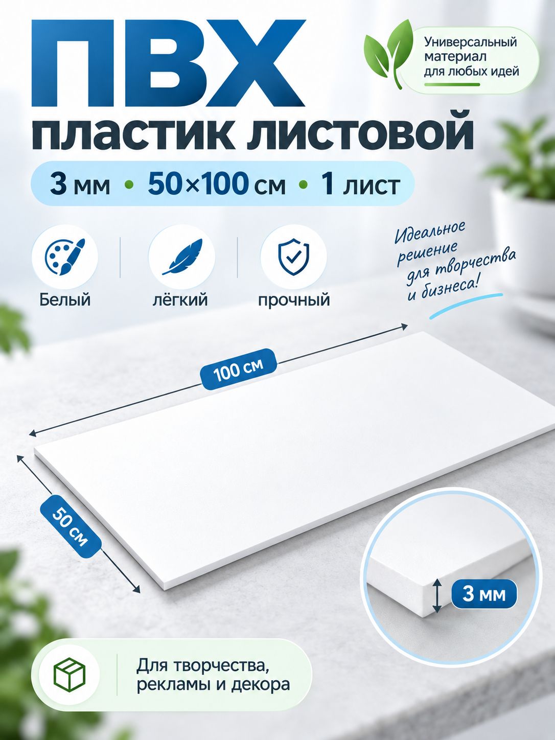 ПВХ пластик листовой 3 мм, 50х100 см, 1 шт