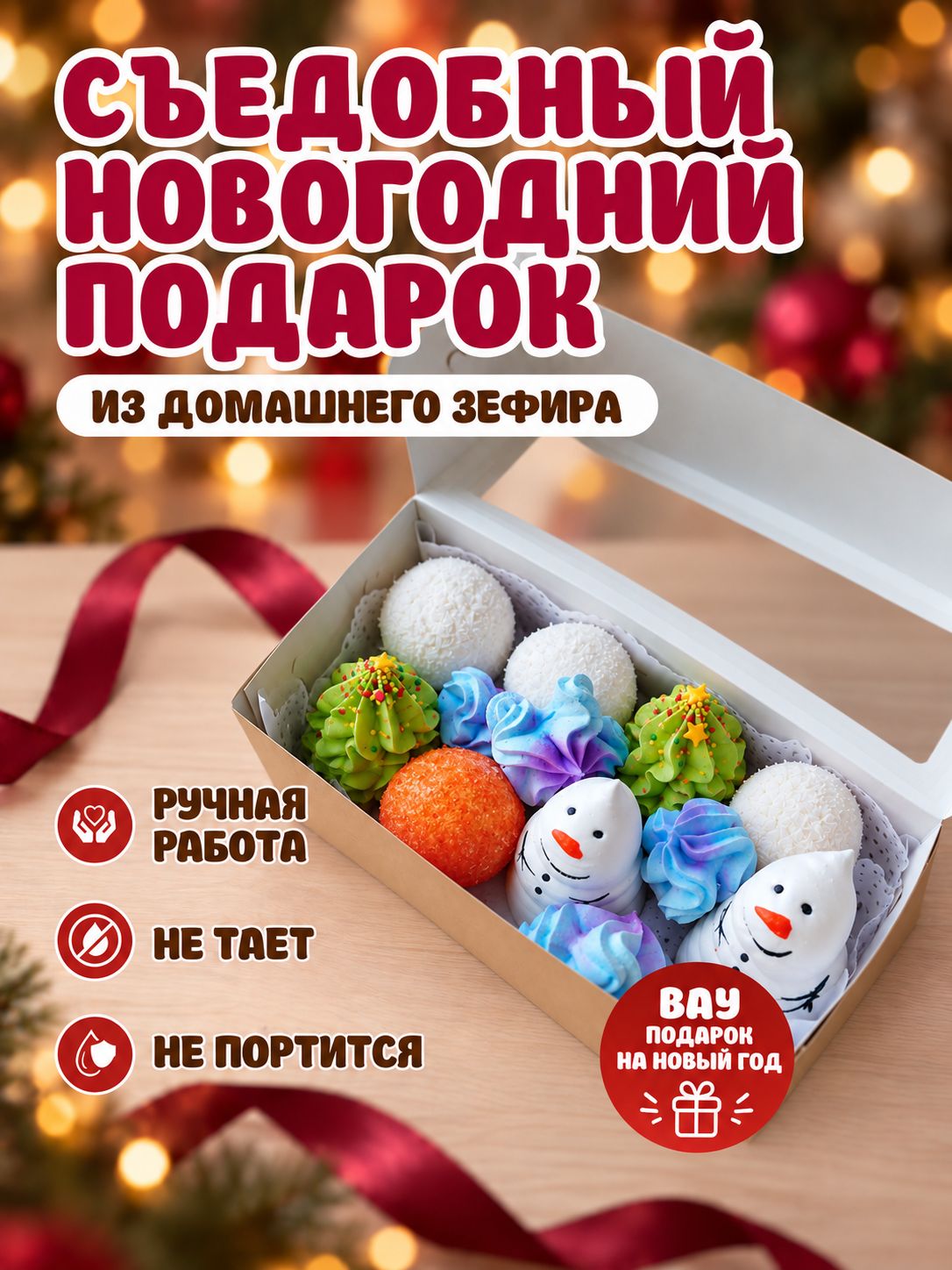 Новогодний подарок, зефир ручной работы в коробке 19 на 11 см