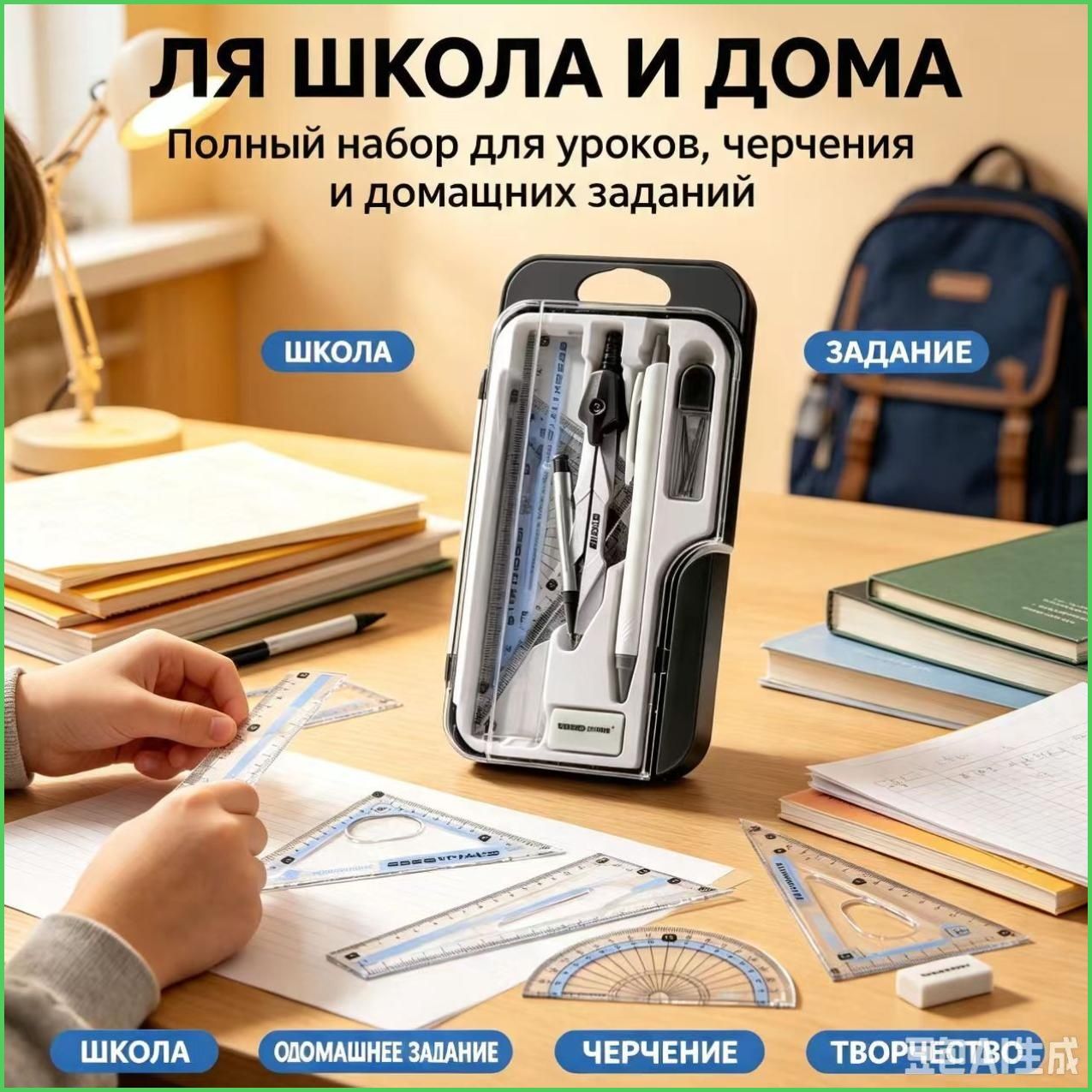 Набор для черчения 9 предметов, школьный набор с циркулем, линейками, транспортиром, карандашом и ластиком, пластиковый