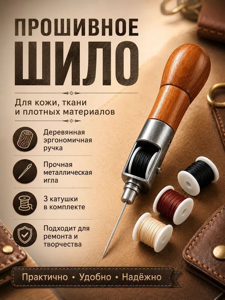 Эксклюзивный набор для швейных работ по коже с вощеной черной нитью и 2 иглами