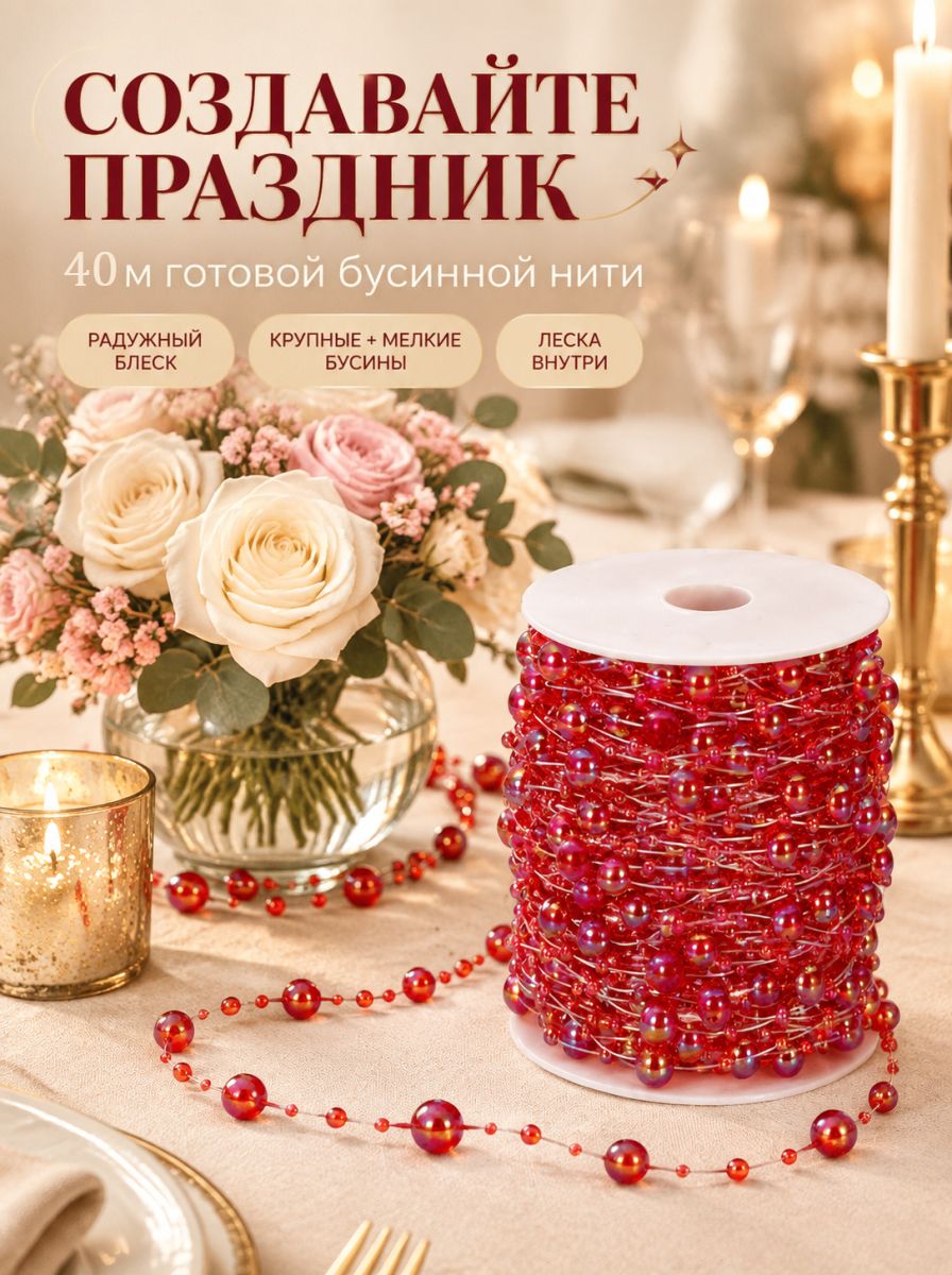 40 метров - жемчужные бусины, 3/8 мм, декоративный материал