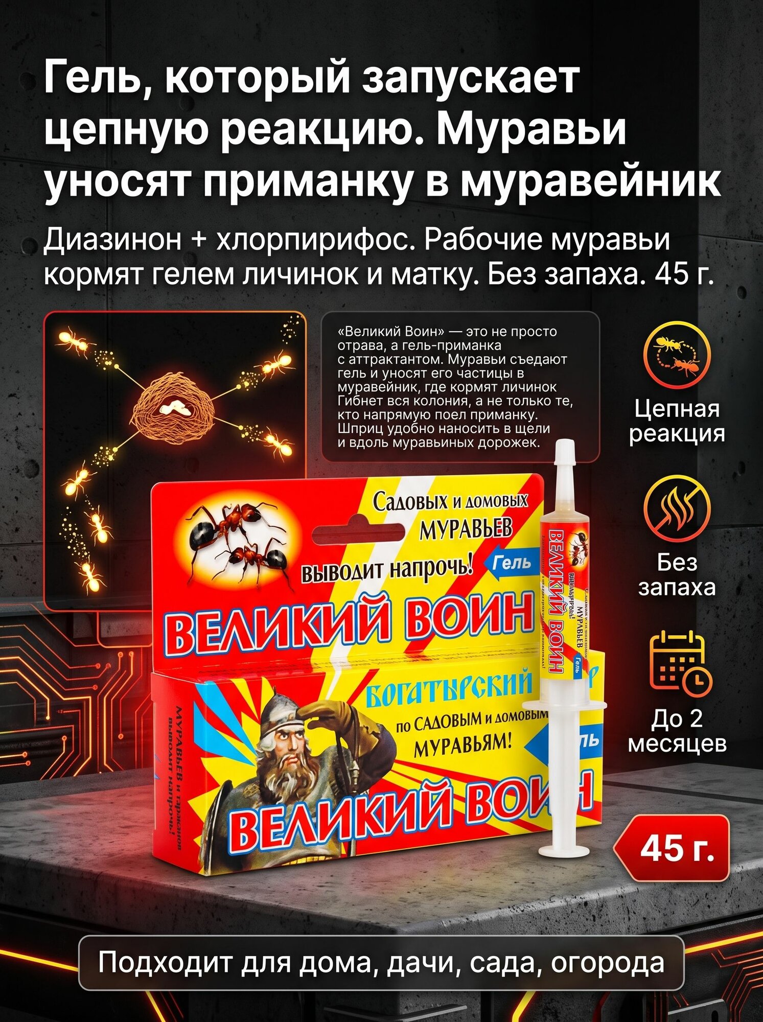 Великий Воин гель от муравьев (желтый) (шприц), 45 г