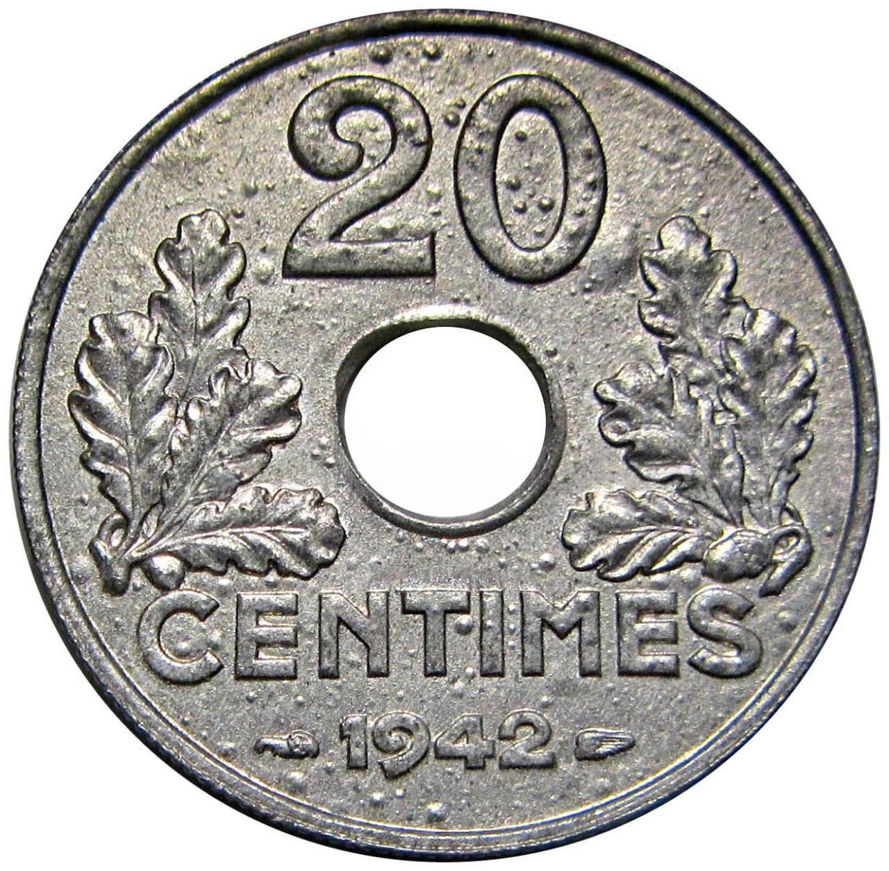 Монета Франции 20 сантимов 1942