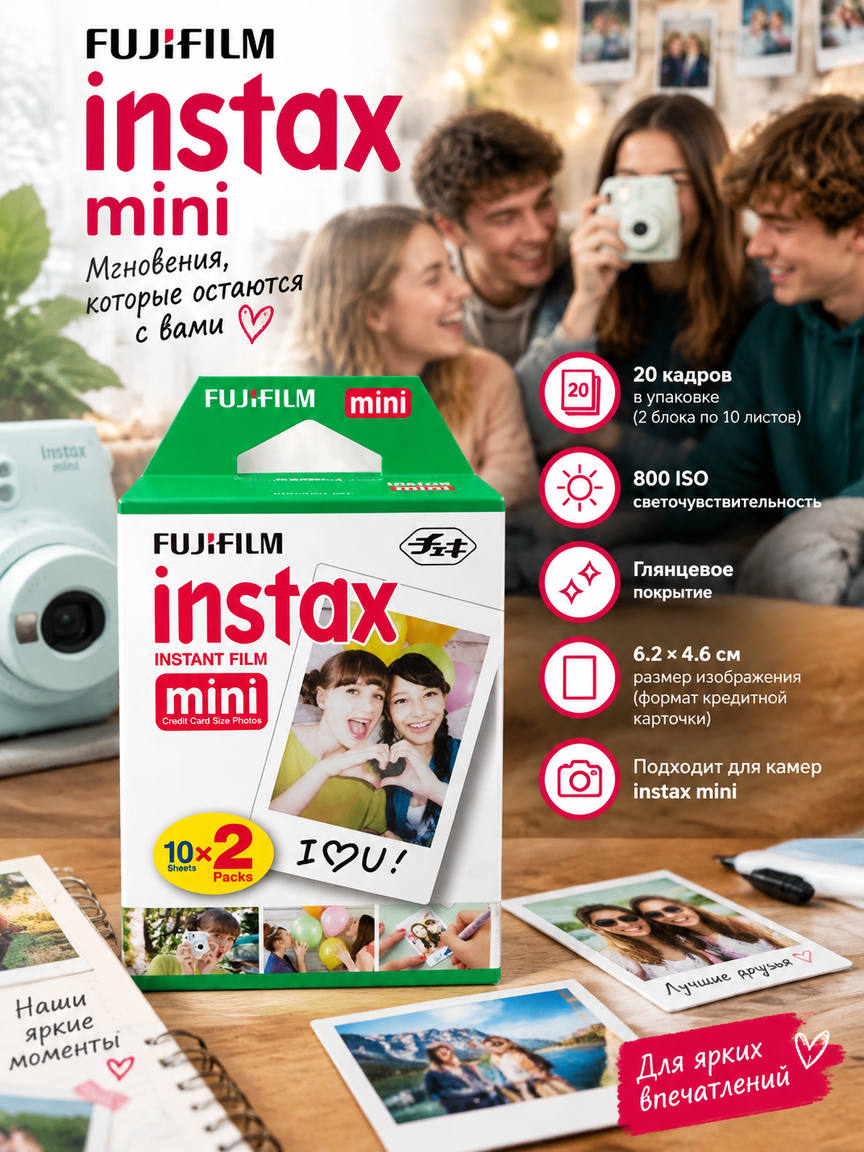 Фотоплёнка для моментальных снимков Instax Mini, 800 ISO, 20 кадров, глянцевая, белая