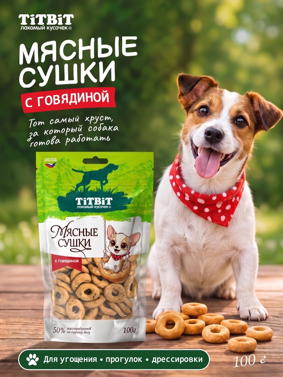 Лакомство для собак TiTBiT Печенье Мясные сушки с говядиной - мягкая упаковка 100 г.