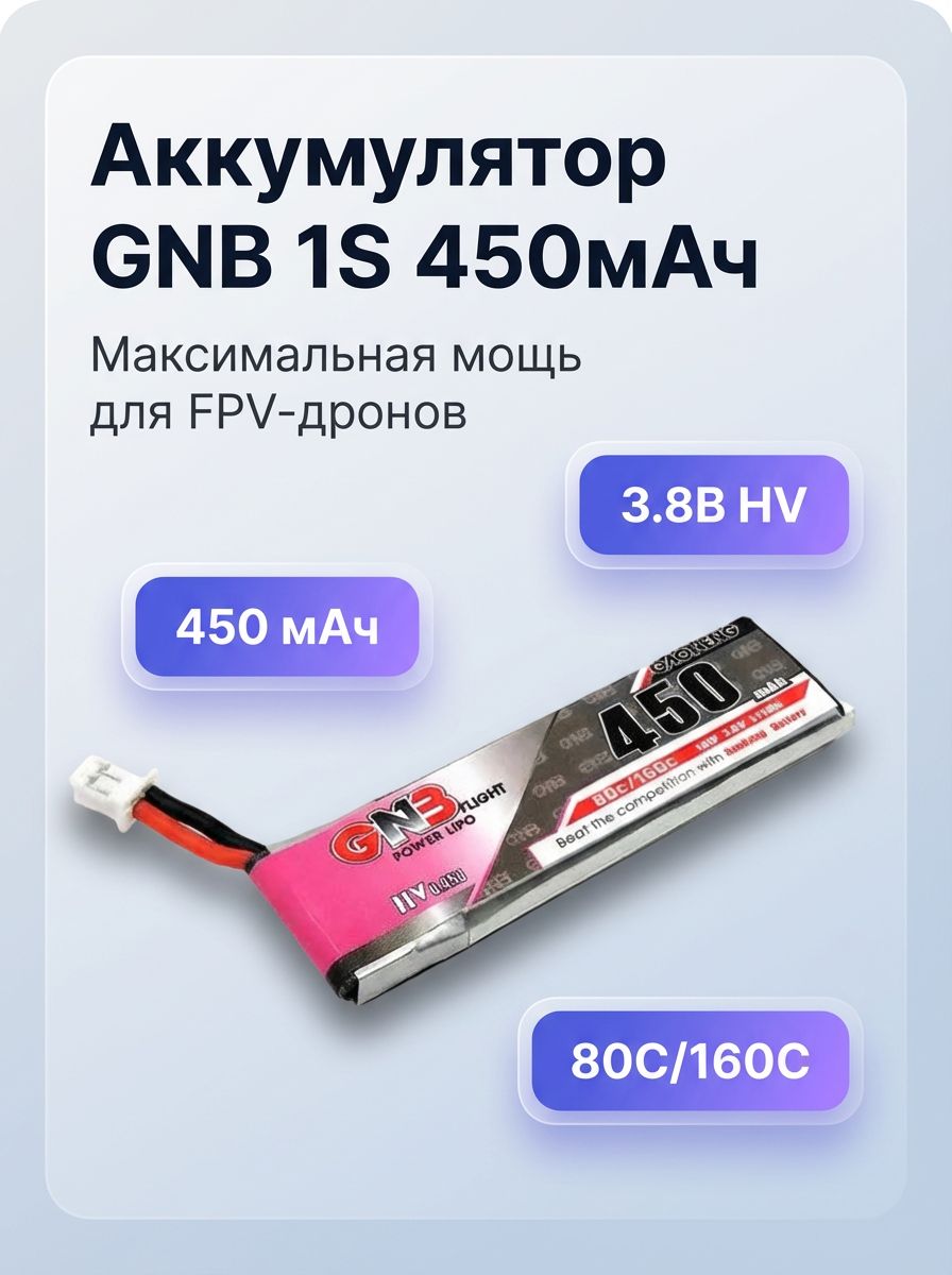 Аккумулятор Gaoneng GNB 1S 450 мАч 3.8 В 80C LiHV Long Type, разъём PH2.0 для FPV-дронов