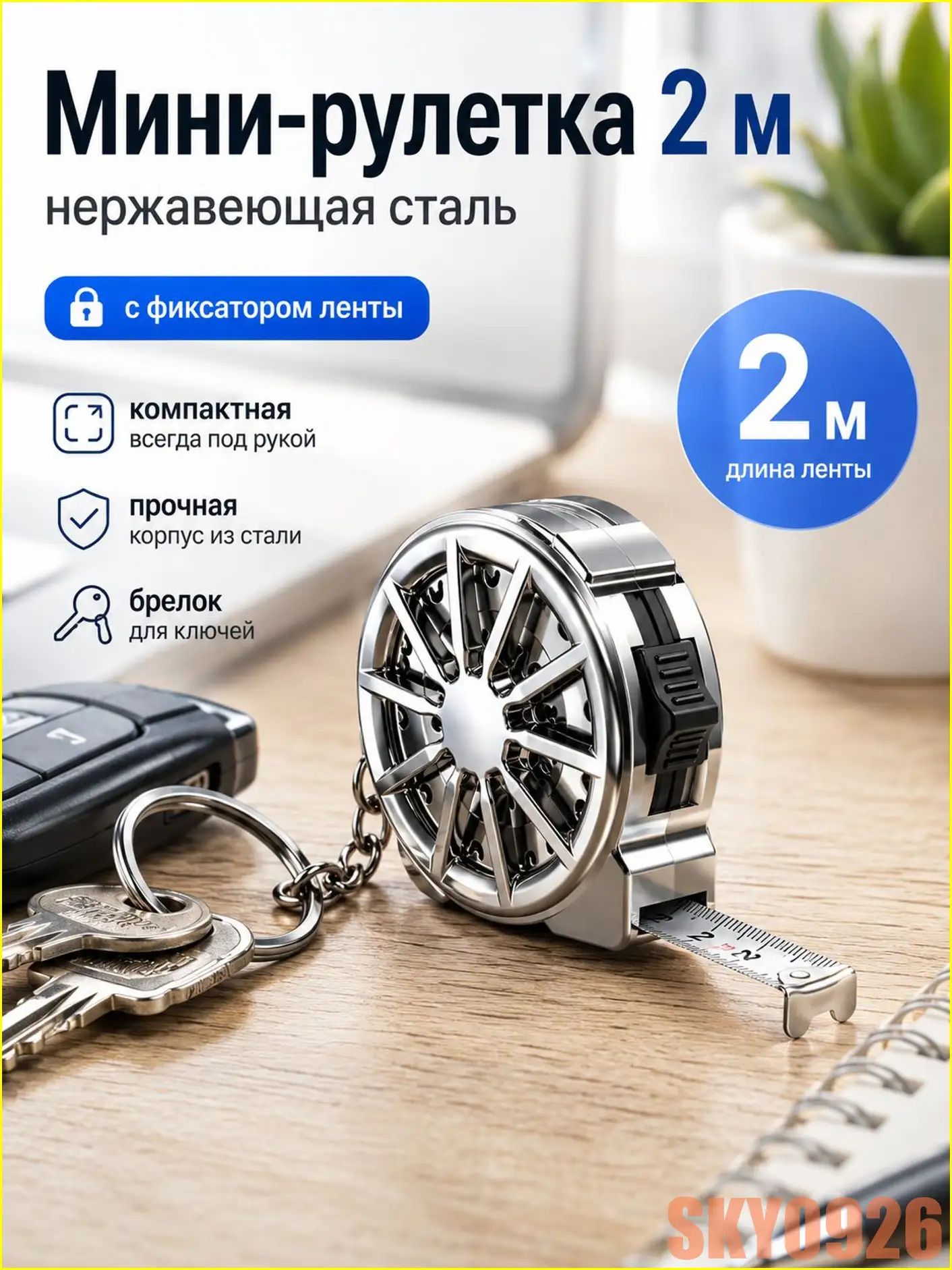 Измерительная рулетка Брелок 2м x 6.35мм