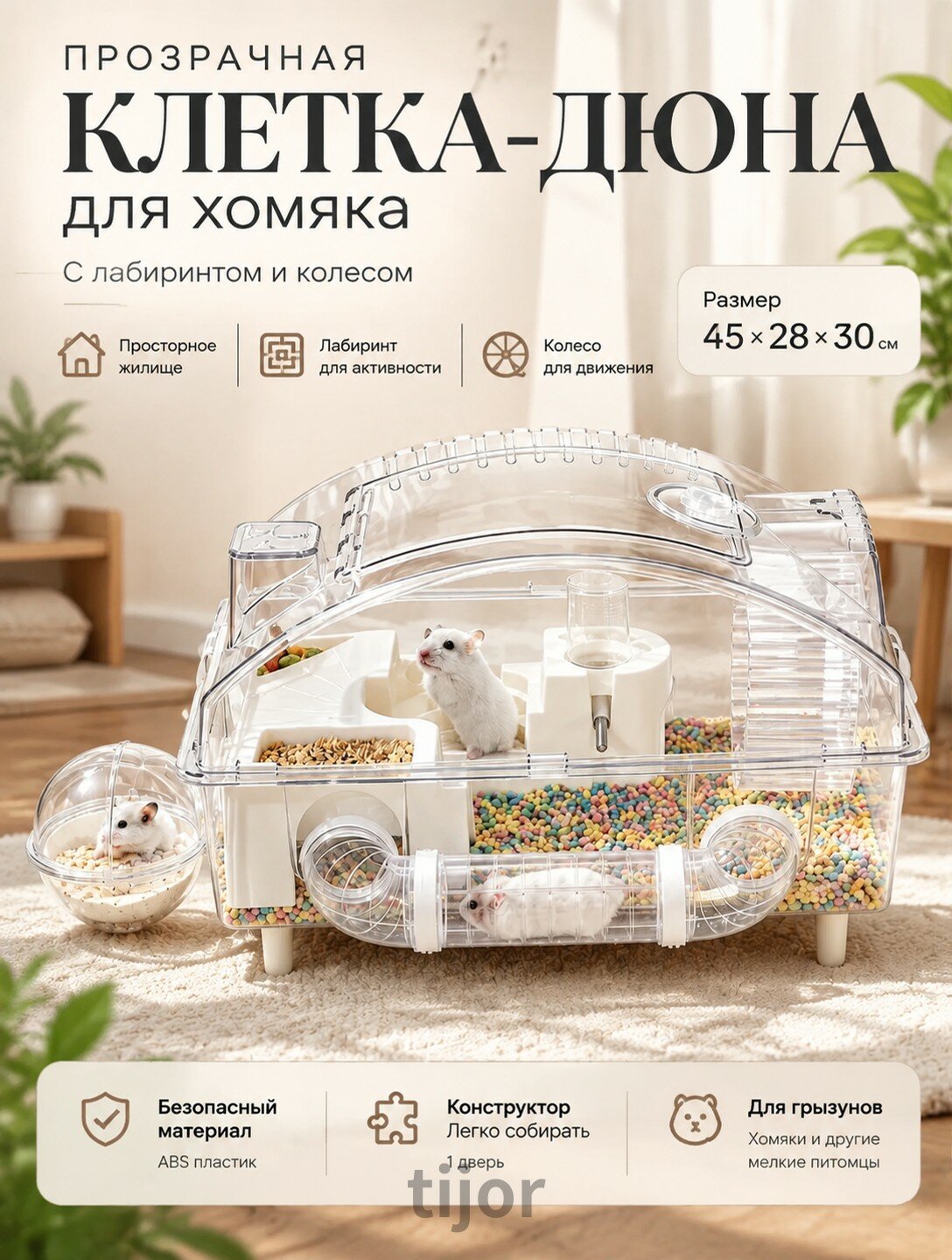 Прозрачная клетка-дюна для хомяка с лабиринтом и колесом, 45×28×30 см