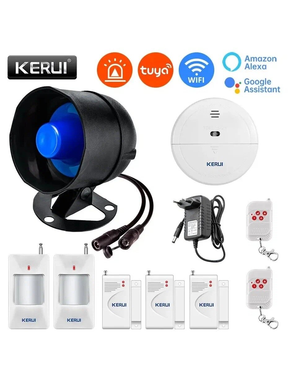 Комплект охранной сигнализации KERUI WIFI Сирена с инфракрасным детектором движения, дверной датчик 120 дБ для дома