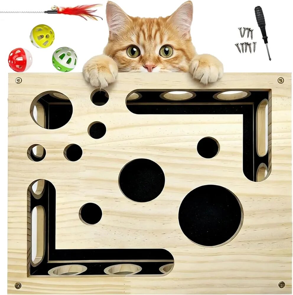Игрушка-когтеточка для кошек с пазлом, деревянный бокс с наждачной поверхностью для стачивания когтей