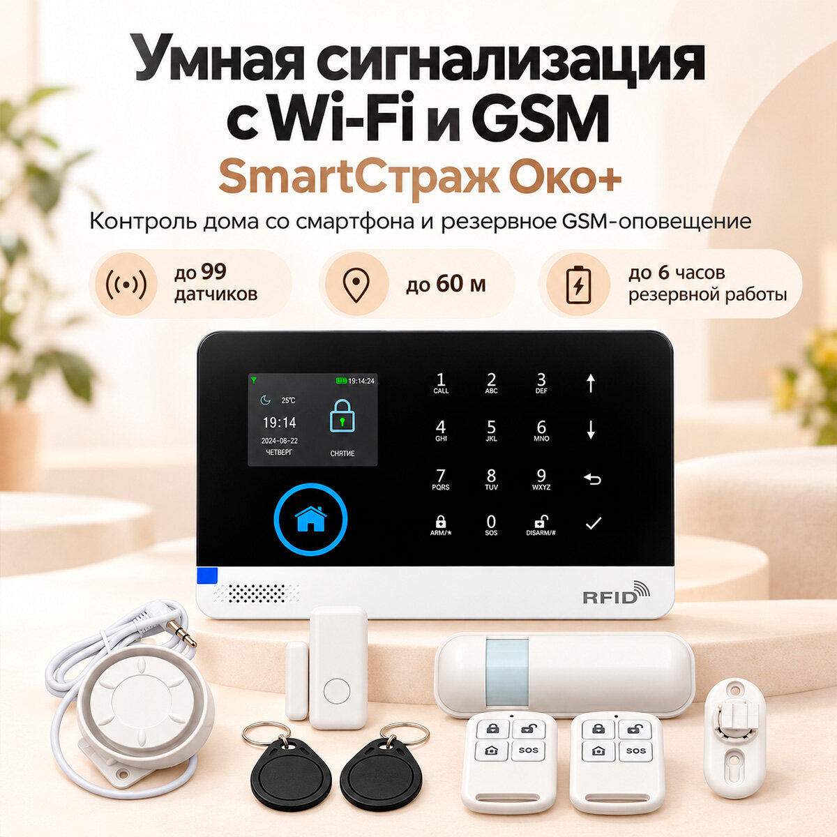 Strazh Око + (W4679RU) — беспроводная GSM/Wi‑Fi сигнализация для офиса. Оповещение через приложение Tuya Smart (Android/iOS) и SMS (до 5 номеров), ЖК