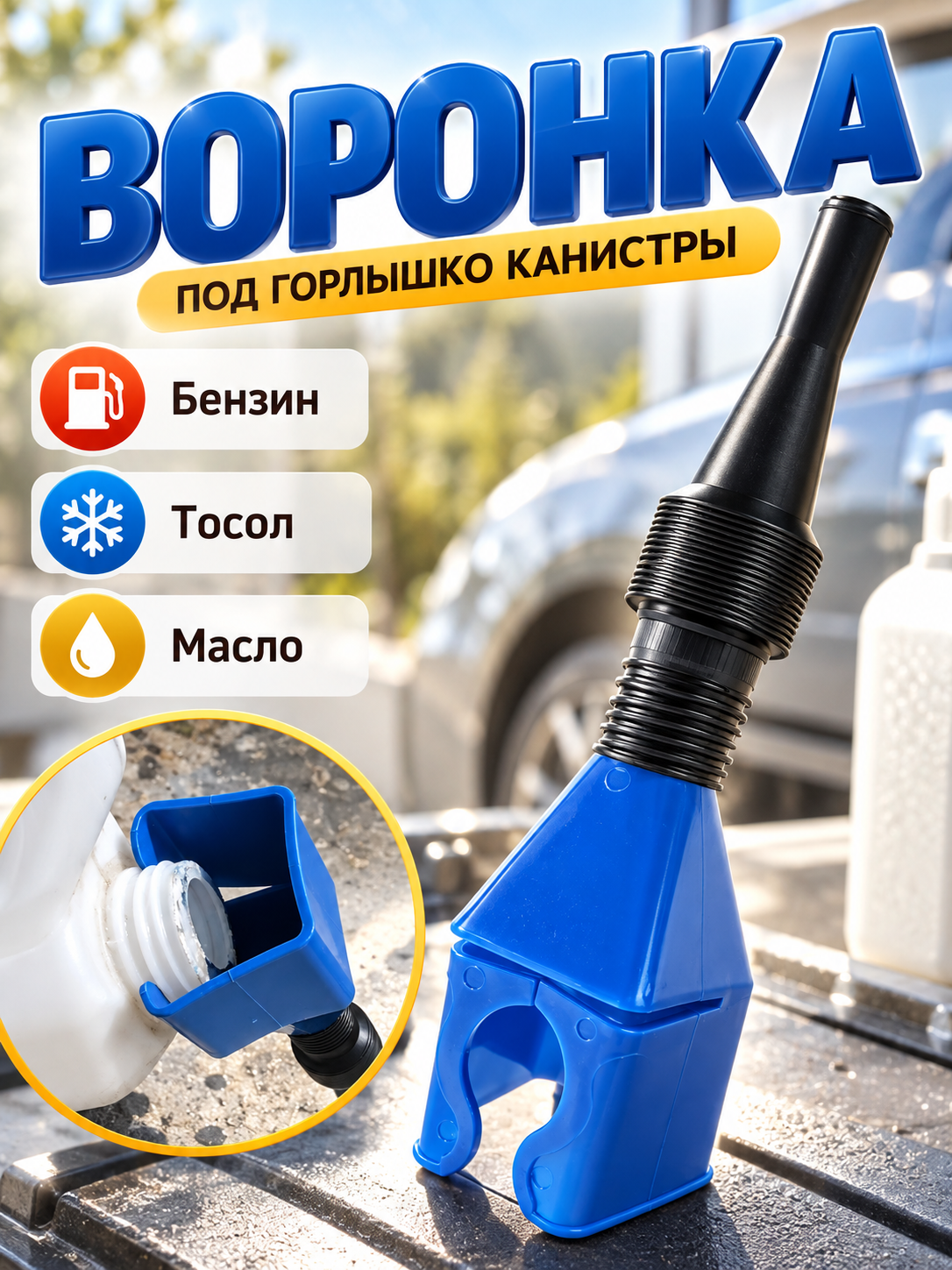 Воронка автомобильная "Непроливайка", для ГСМ, под горлышко канистры, пластик, синий