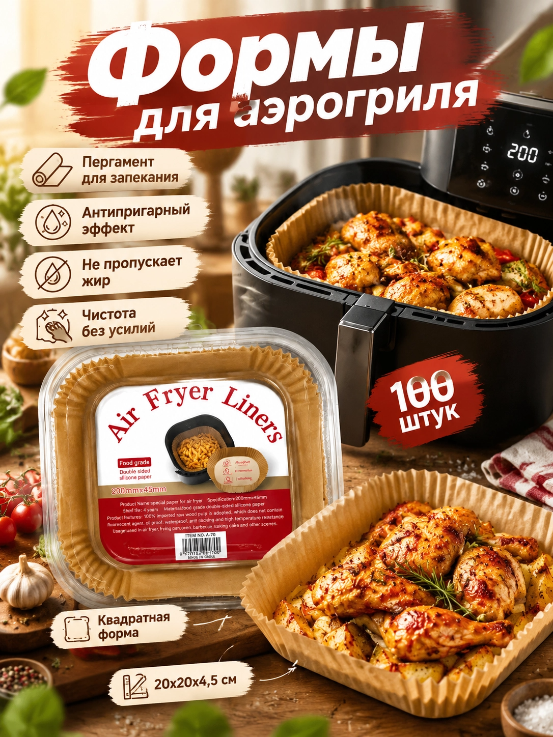 Формы для аэрогриля бумажные, квадратные, 20 см x 20 см, 100 шт.
