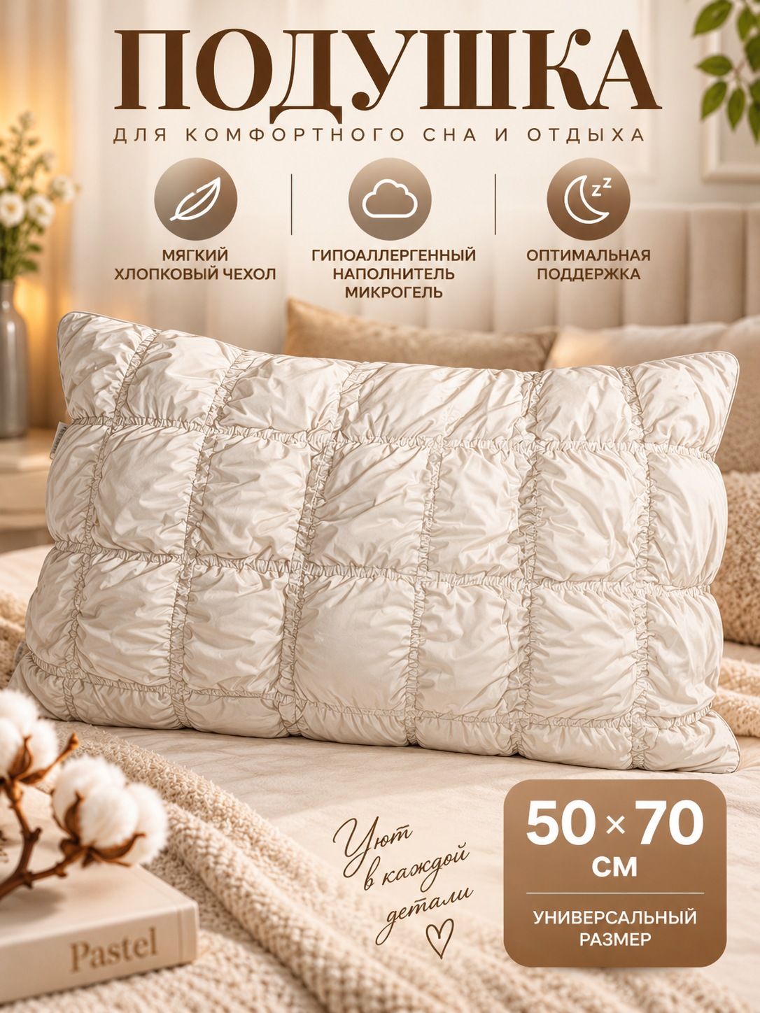 Подушка 50х70 см, наполнитель шелк, Pastel тусса, для отдыха для сна в спальню